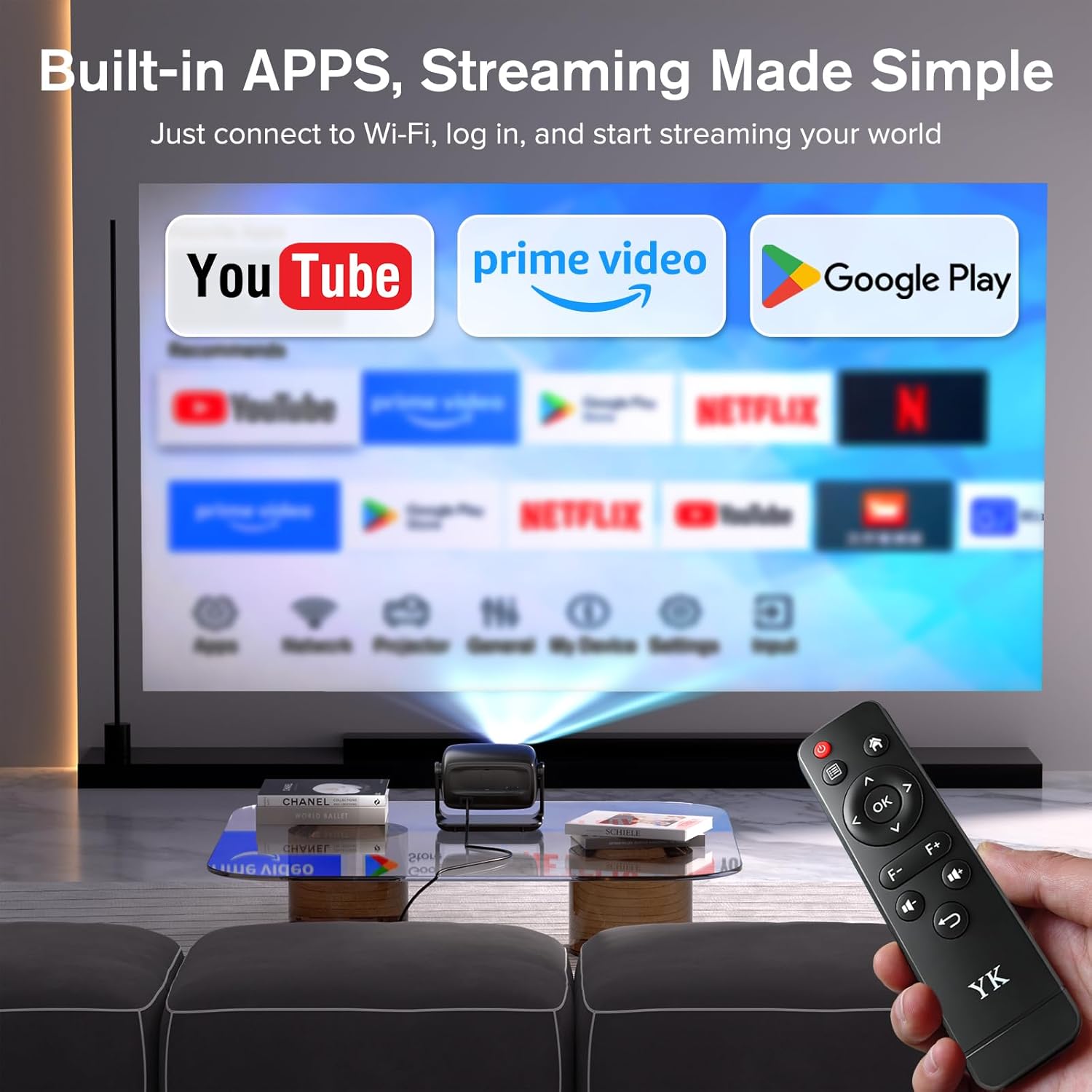 [Built in APP & Auto Focus] Native 1080P 4K Support Projector with Bluetooth 5.4 and Wifi 6 Portable Full HD, 180° Ceiling Rotation, Auto Keystone 1000 ANSI Movie Projector for Bedroom, Home, Outdoor