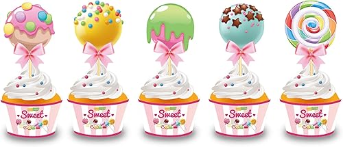 40 adornos para cupcakes y envoltorios para decoración de postres para temática de donas de caramelo de arcoíris Candyland, tema de postre dulce,