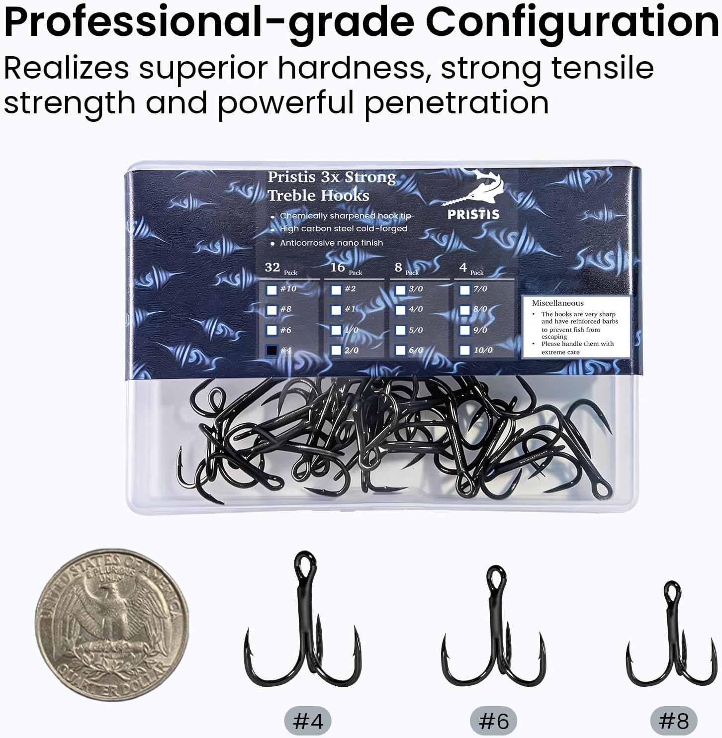 Pristis 3X Strong Fishing Treble Hooks, High Carbon Steel Sharp Barbed Tripple Round Bend Hook Kit Set for Lure Bait, Needle Point for Saltwater Freshwater Bass Trout Tuna Catfish Pike