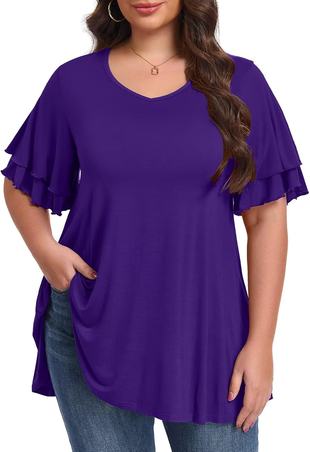 LARACE Plus Size Tops for Women Ruffle Sleeve T Shirt Summer Clothes Short Sleeve V Neck Tunic
