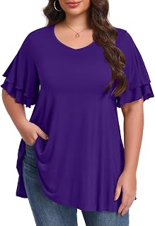 LARACE Women Plus Size Ruffle Sleeve Tunic Tops V Neck Office Work T Shirts | Short Sleeve Loose Blouse, Flowy Hem Covers Belly, L-5XL Casaul Summer Vacation Tops, Comfy 95% Rayon, Pairs with Leggings