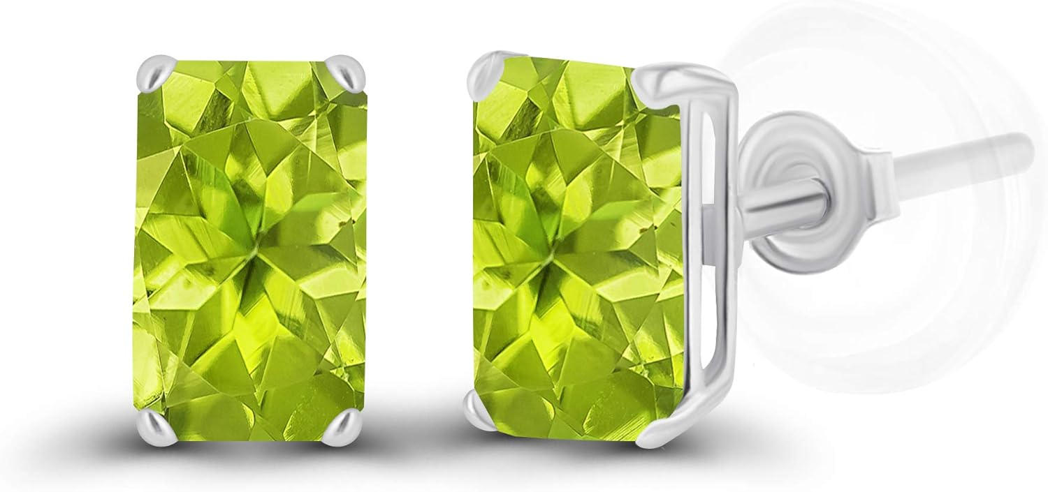 Solid 925 Sterling Silver Gold Plated 5x3mm Emerald Cut Genuine Birthstone Stud Earrings For Women | Natural or Created Hypoallergenic Gemstone Stud Earrings