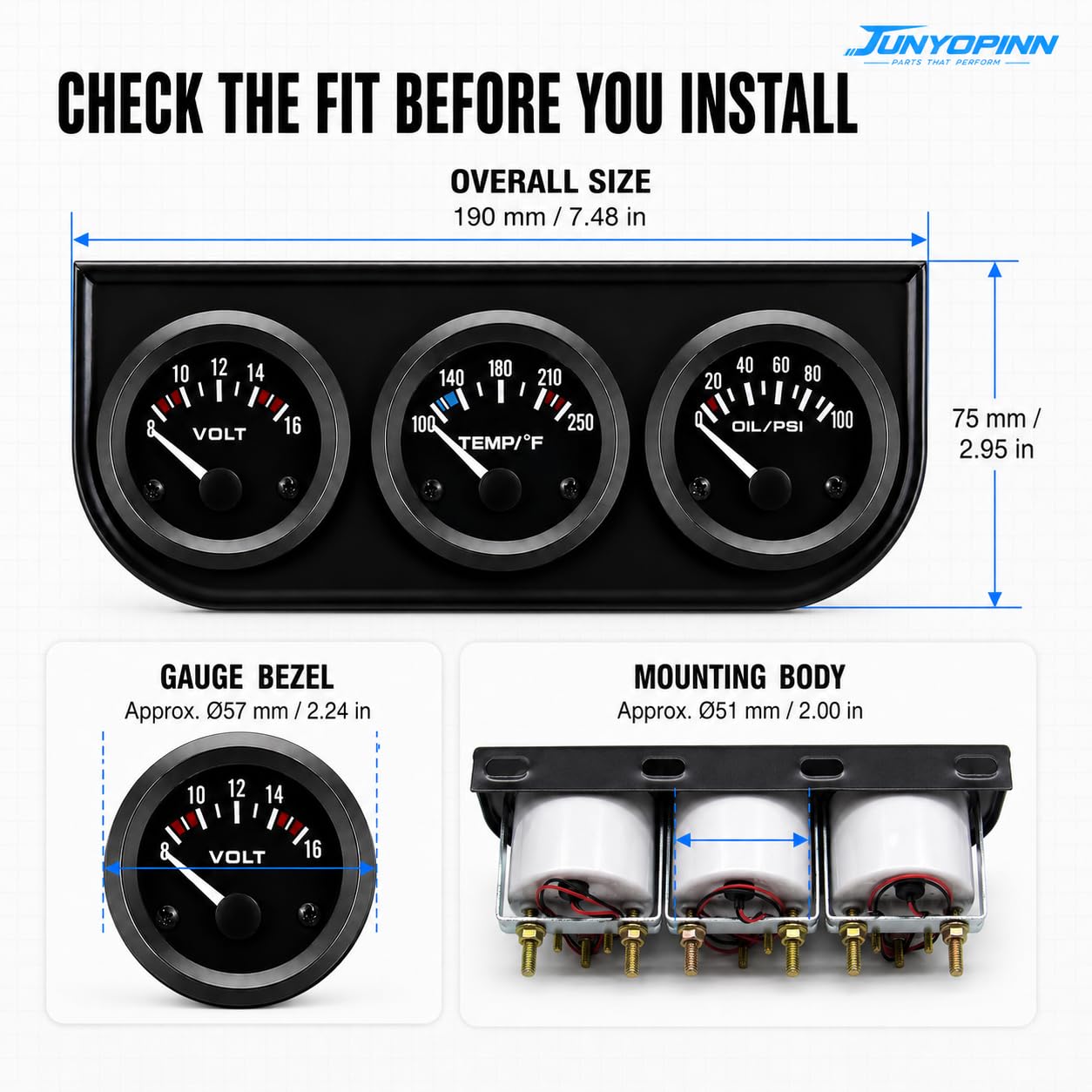 52mm Triple Gauge Set （Oil Pressure+Water Temp+Voltmeter） 3 in 1 Gauge Kit