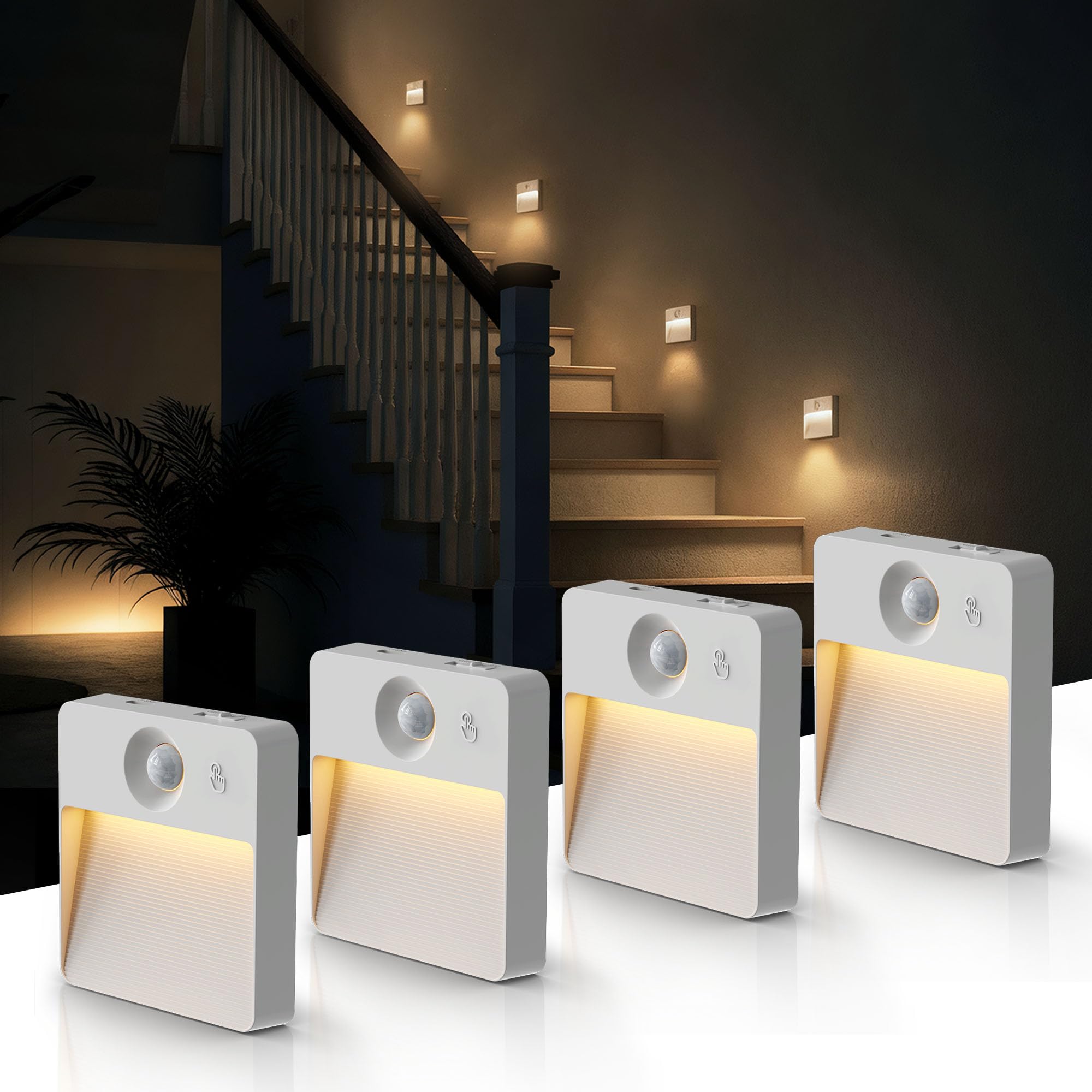 LOHAS-LED Nachtlicht mit Bewegungsmelder, 4 Stück Treppenlicht Akku Aufladbar (750mAh), 3 Farbtemperaturen (3000K-6000K), 3 Modi (Auto/On/Off), Selbstklebend Magnetisch für Flur, Schlafzimmer, Treppe