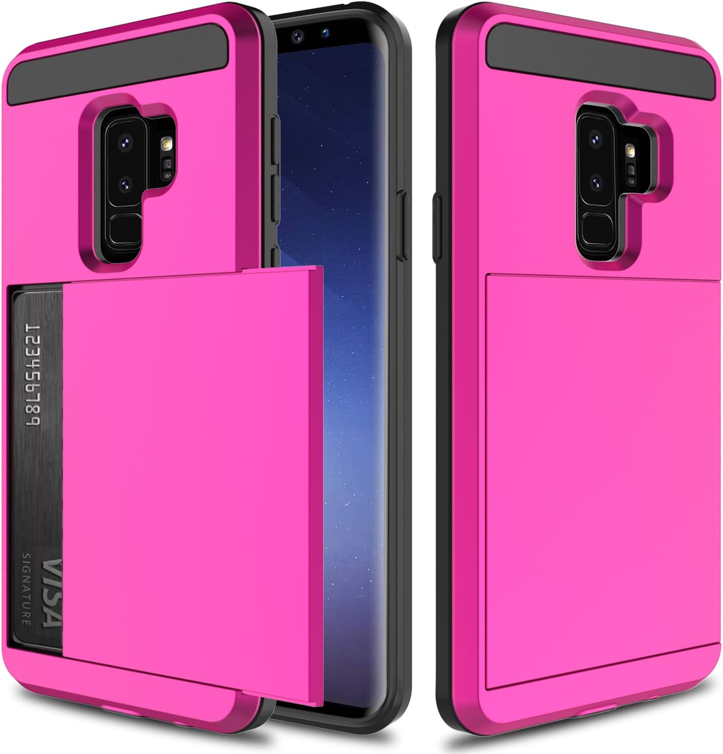 USHAWN Galaxy S9 Plus Case, Sliding Card Holder Dual Layer Hybrid TPU Bumper Protection Defender Shockproof Anti-Scratch Rugged Wallet Case Cover for Samsung Galaxy S9 Plus/S9+/SM-G96 (Rose Red) …