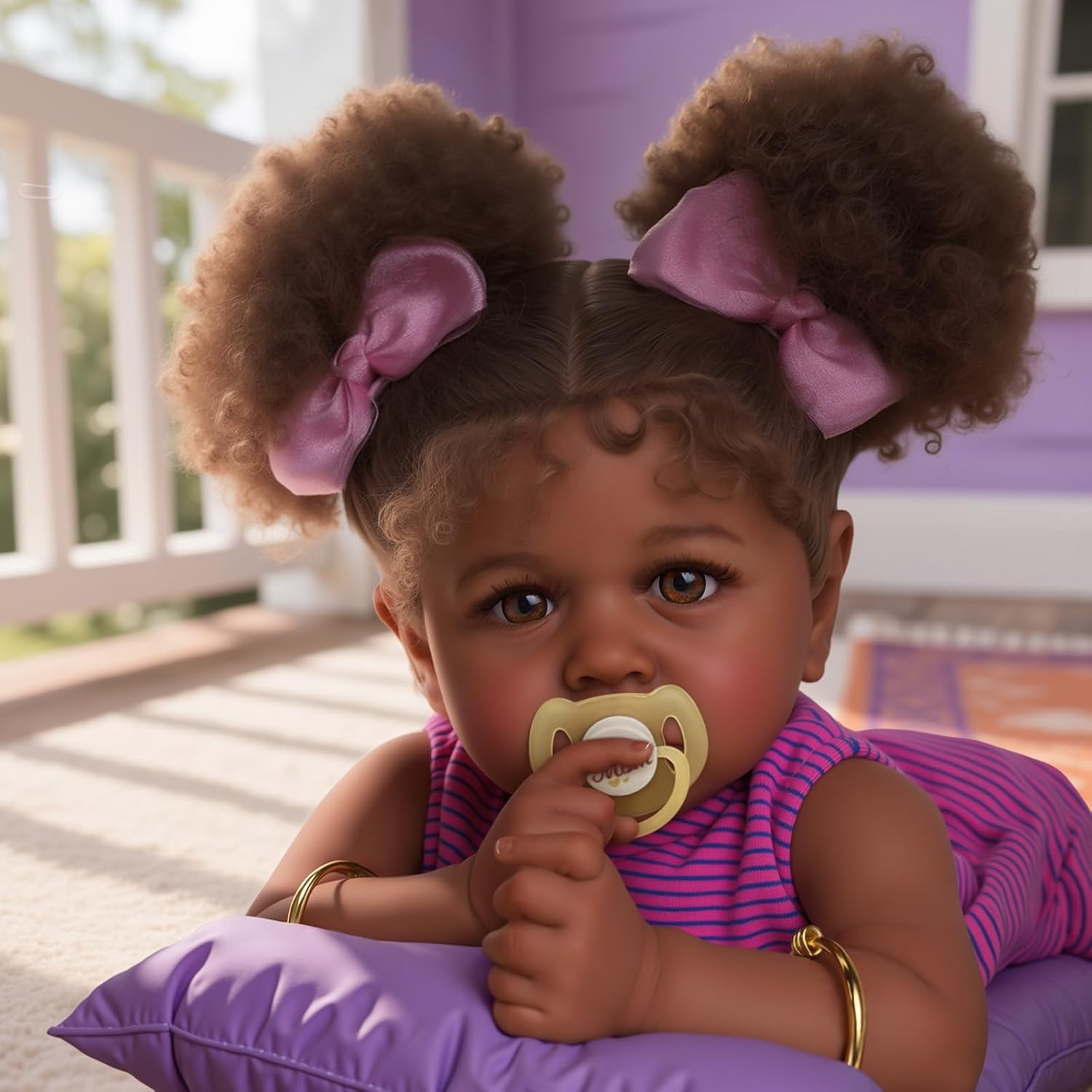 JIZHI Reborn Baby Dolls Black - 22 Inch Lifelike Body Realistic-Newborn Baby Dolls Taupe Eyes Caramel Skin Tone Pink Striped Skirt Real Life and Toy Accessories Gift for Kids Age 3