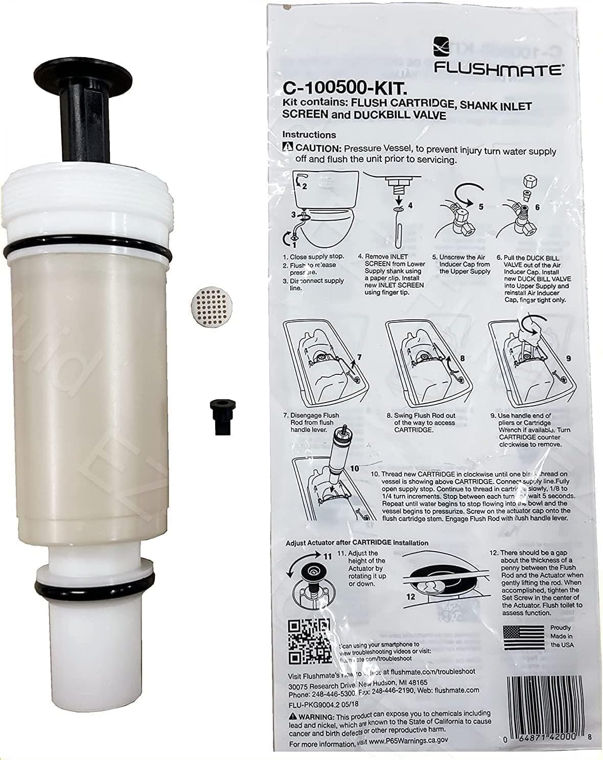 OEM Original Replacement For Sloan C-100500-K Flushmate Cartridge/PowerFlush Toilet Piston Cartridge Parts for Use with 500, 501, 501A, 501B, 503, and 504 Series Flushmate Tank System (1)