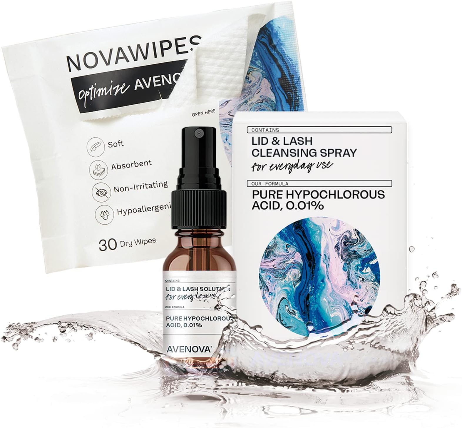 Avenova Eyelid and Lash Cleanser Spray with NovaWipes, Contains Pure Hypochlorous Acid to Give Effective Relief from Irritation, Dry Eyes, Styes and Blepharitis