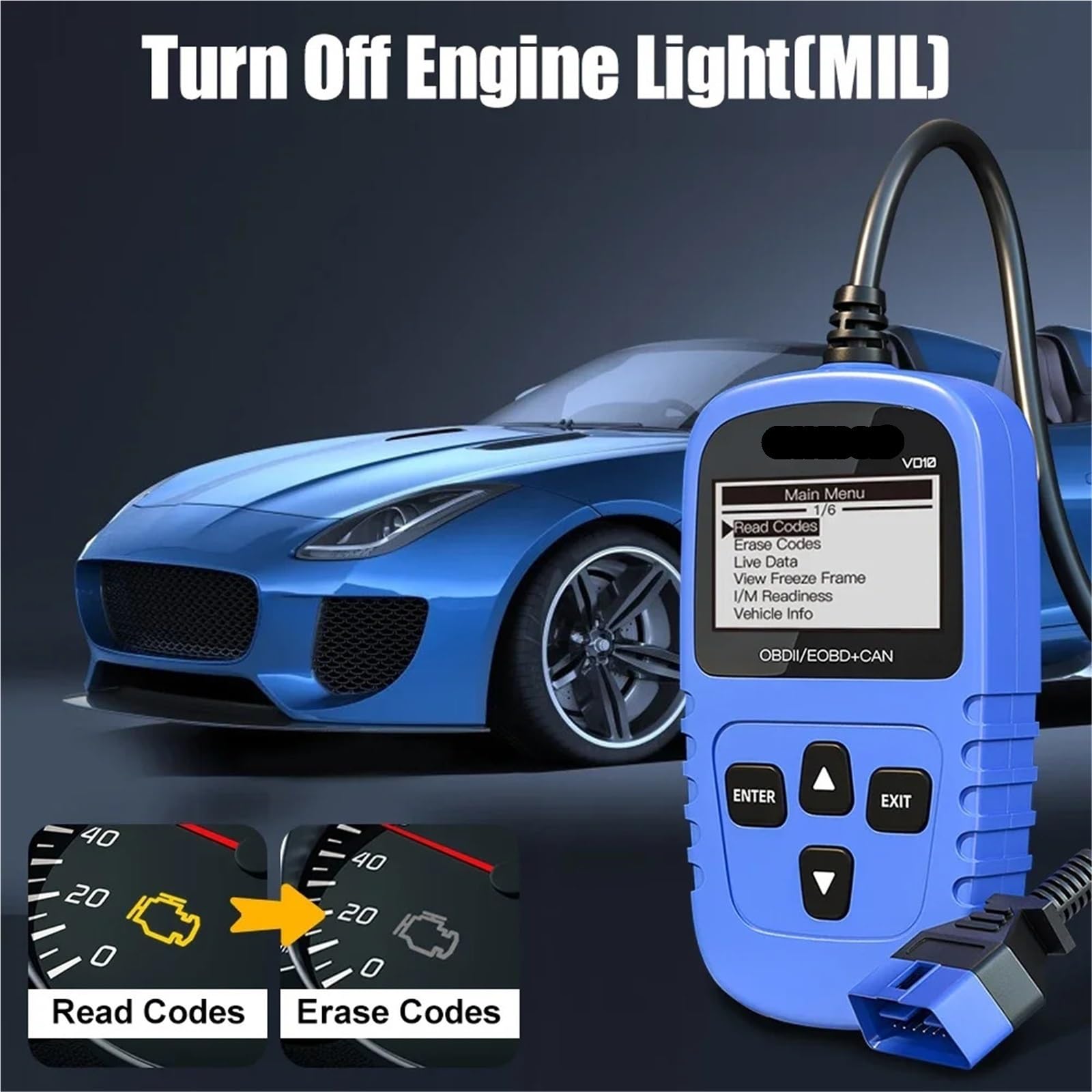 VD10 OBD2 Scanner With I/M Readiness Professional OBDII Diagnostic Code Reader Tools For Check Engine Light