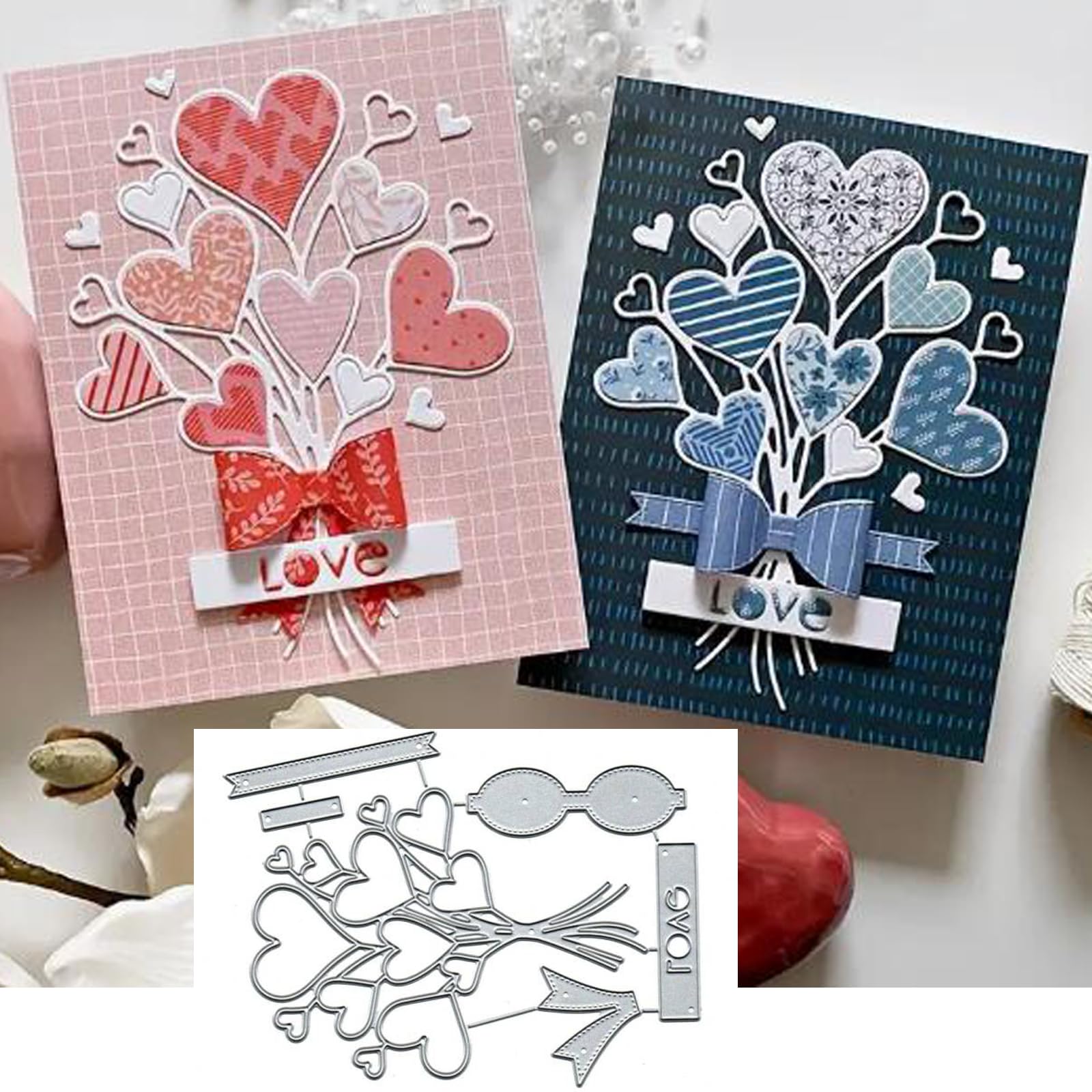 Suds&WH Flower Love Potted Plants Metal Die Cuts, Valentine's Day Heart Flower Leaf Bowtie Cutting Dies for DIY Invitation Card Scrapbooking Album Decorative Embossing Paper Dies