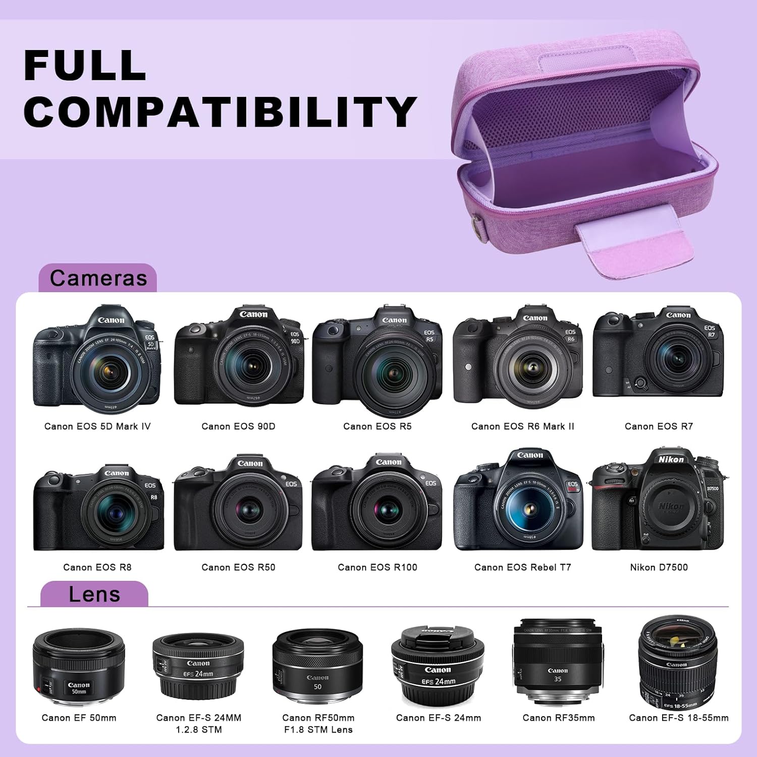 camera case for canon eos rebel t7, r100, r50, r6 mark ii, t6, r50 v, r5 mark ii, rp, r8, 5d mark iv, r7 cameras and 18-55mm lens with shoulder strap, purple travel camera bag