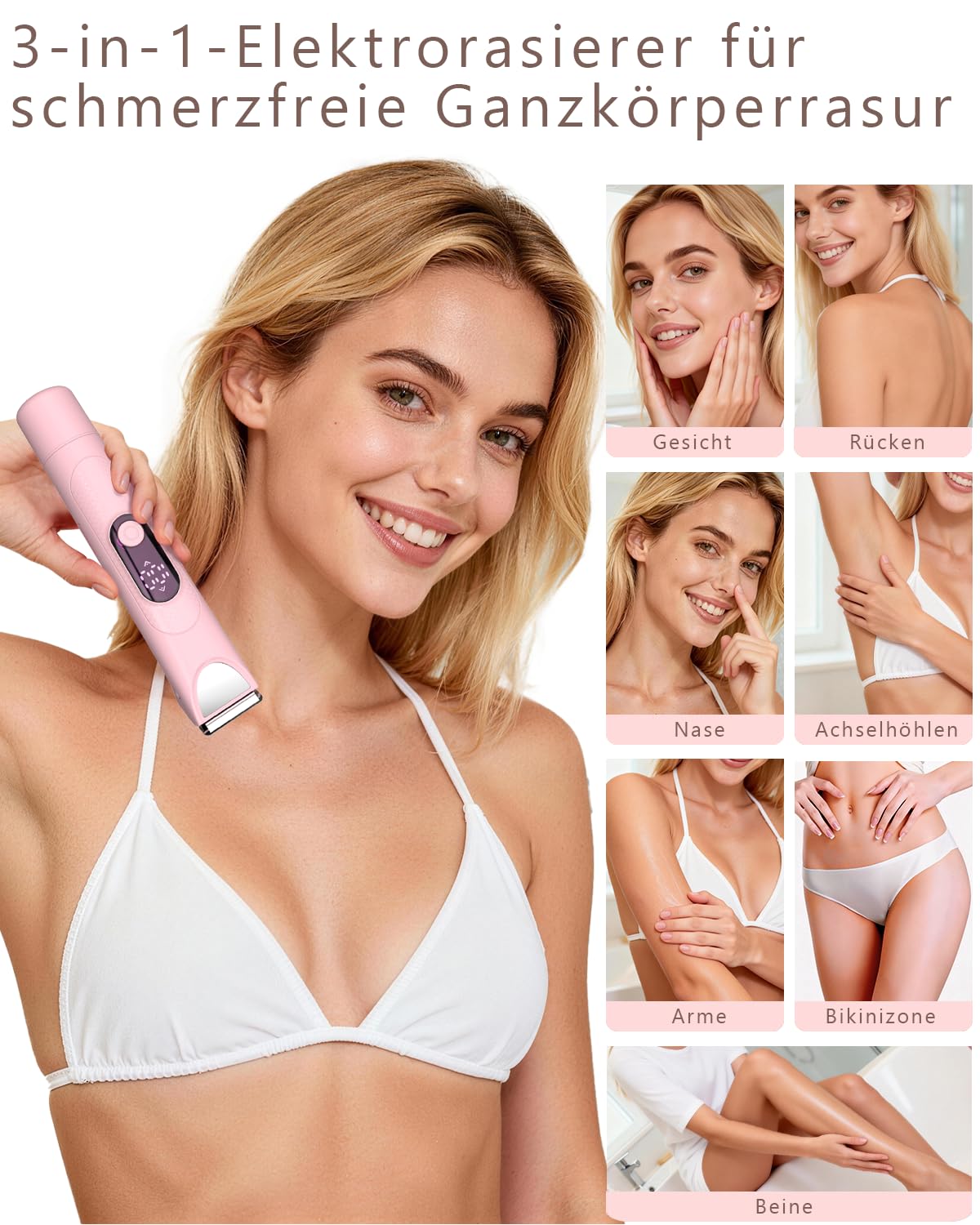 Afeitadora Eléctrica Mujer, Set de Depiladora Electrica 3 en 1 para Mujer, IPX7 Utilizable en seco/mojado Recortadora Corporal Mujer, Apto para Facial, Cuerpo y Las Zonas íntimas