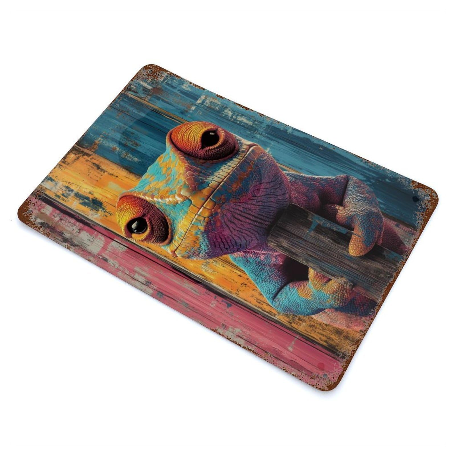 Colorful Chameleon Portrait on Wood Chameleon Wall Art Rust Effect Tin Sign 11.8"x7.9", Industrial Home Decor for Garage, Bar And Workshop Decor