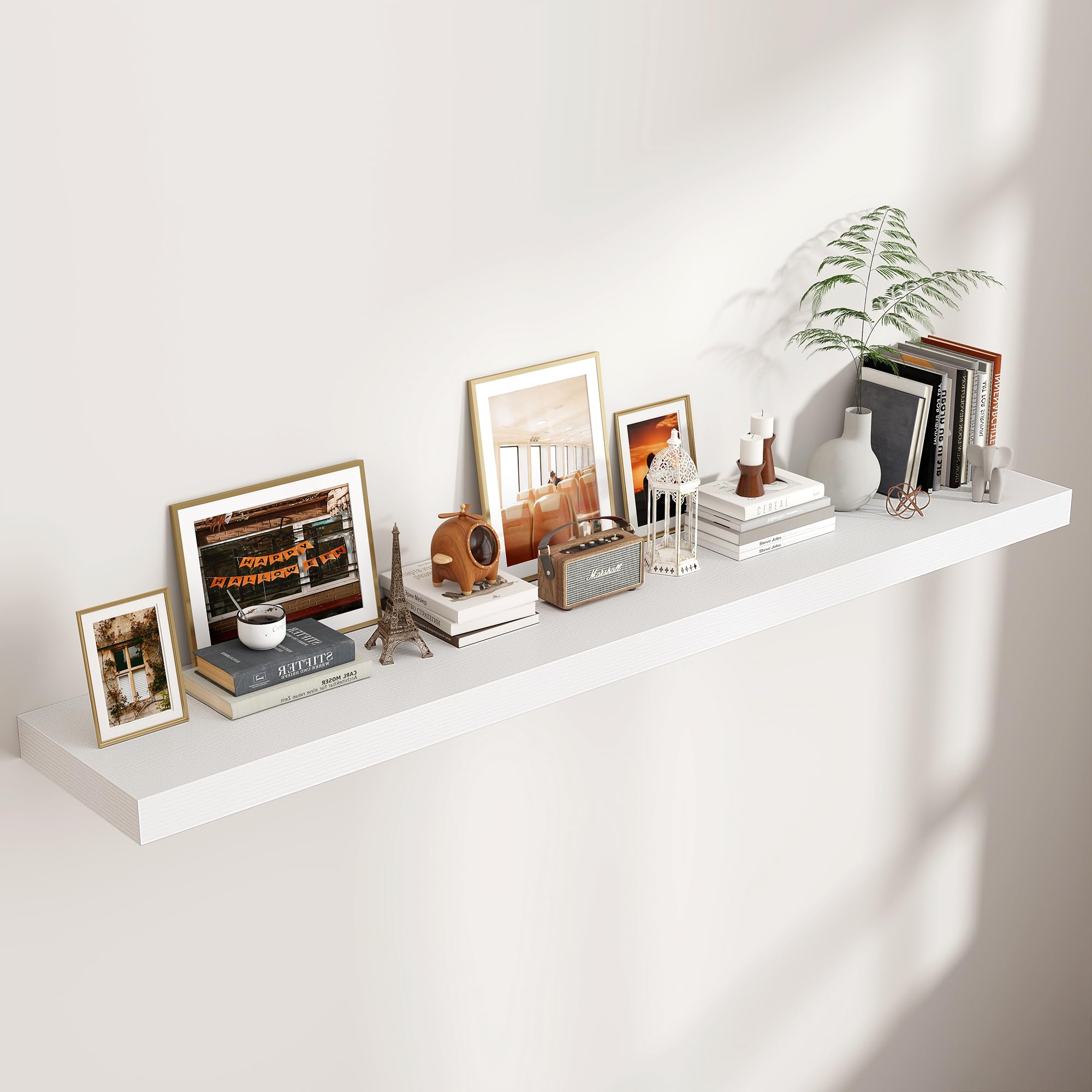 Photo 1 of ***FACTORY SEALED - OPENED FOR INSPECTION***   Venusmiles Floating Shelves for Wall, 72 Inch Wide x 12 Inch Deep Floating Shelves, Long Wood Floating Wall Shelf Shelves for Living Room Bathroom Bedroom Kitchen Home - (White, 72" W x 12" D x 2" H)