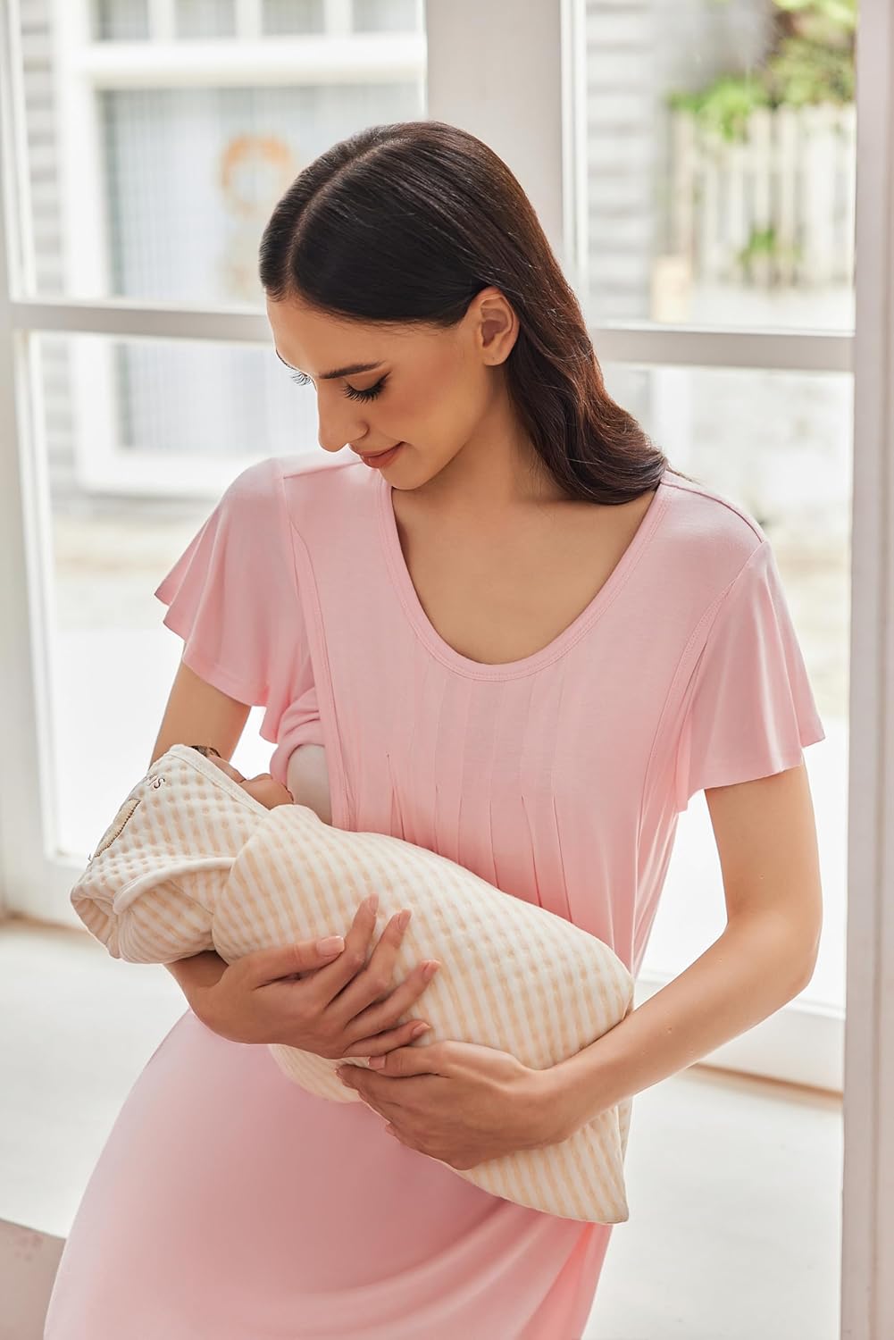 Ekouaer Nursing Nightgown Labor and Delivery Gown Hospital Breastfeeding Dress for Women Short Sleeve Maternity Sleepwear - Image 6