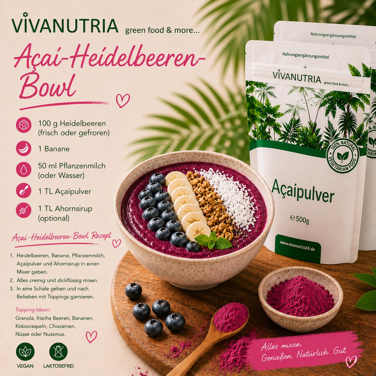 VivaNutria Acai Pulver 1000g I Acai-Beeren-Pulver für Bowls und als Müsli-Topping I Smoothie Pulver 1kg I Rohkostqualität ohne Zusätze I Antioxidantien I vegan