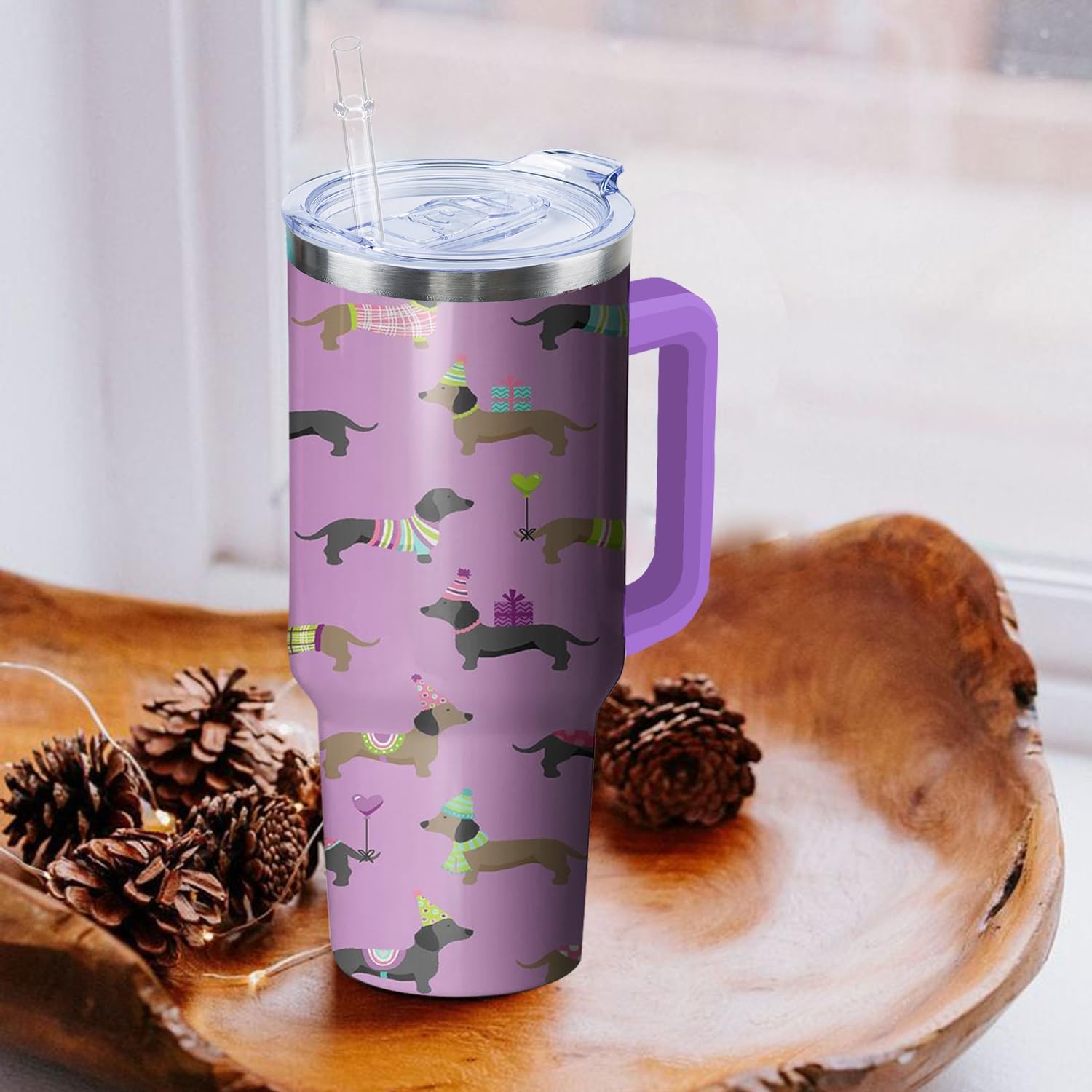 Purple Dachshund Tumbler with Handle and Straw, 40 oz Dog Stainless Steel Insulated Cup with Straw,Travel Coffee Mug Water Bottle, Birthday Christmas Mothers Day Gifts for Animal Lovers Women - Image 5