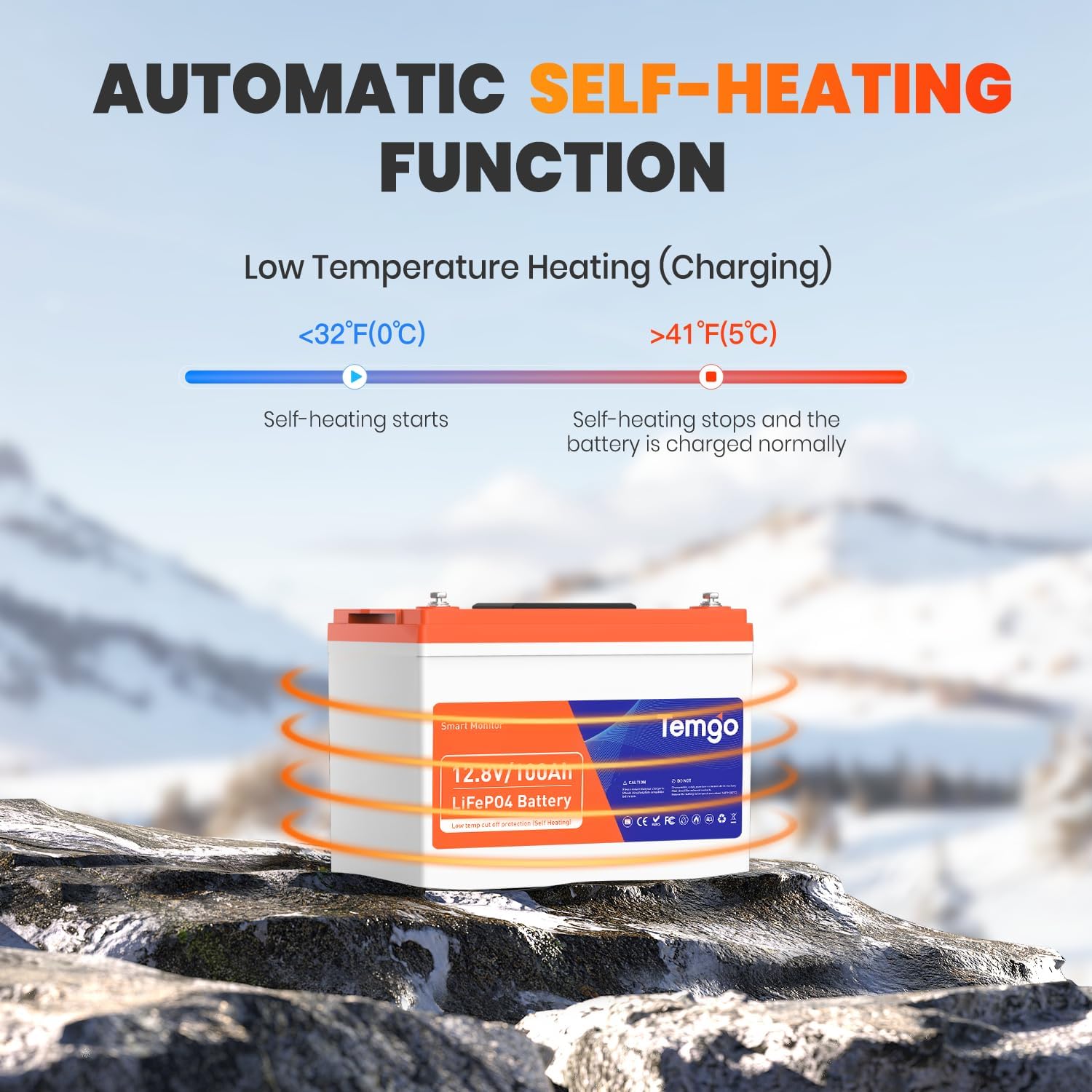 TEMGO 12V 100Ah Group 24 LiFePO4 Lithium Battery, Self-Heating, Touchscreen & Bluetooth APP Monitoring, Built-in 100A BMS, 5000+ Cycles, Perfect for RV, Camper, Solar, Marine & Off-Grid