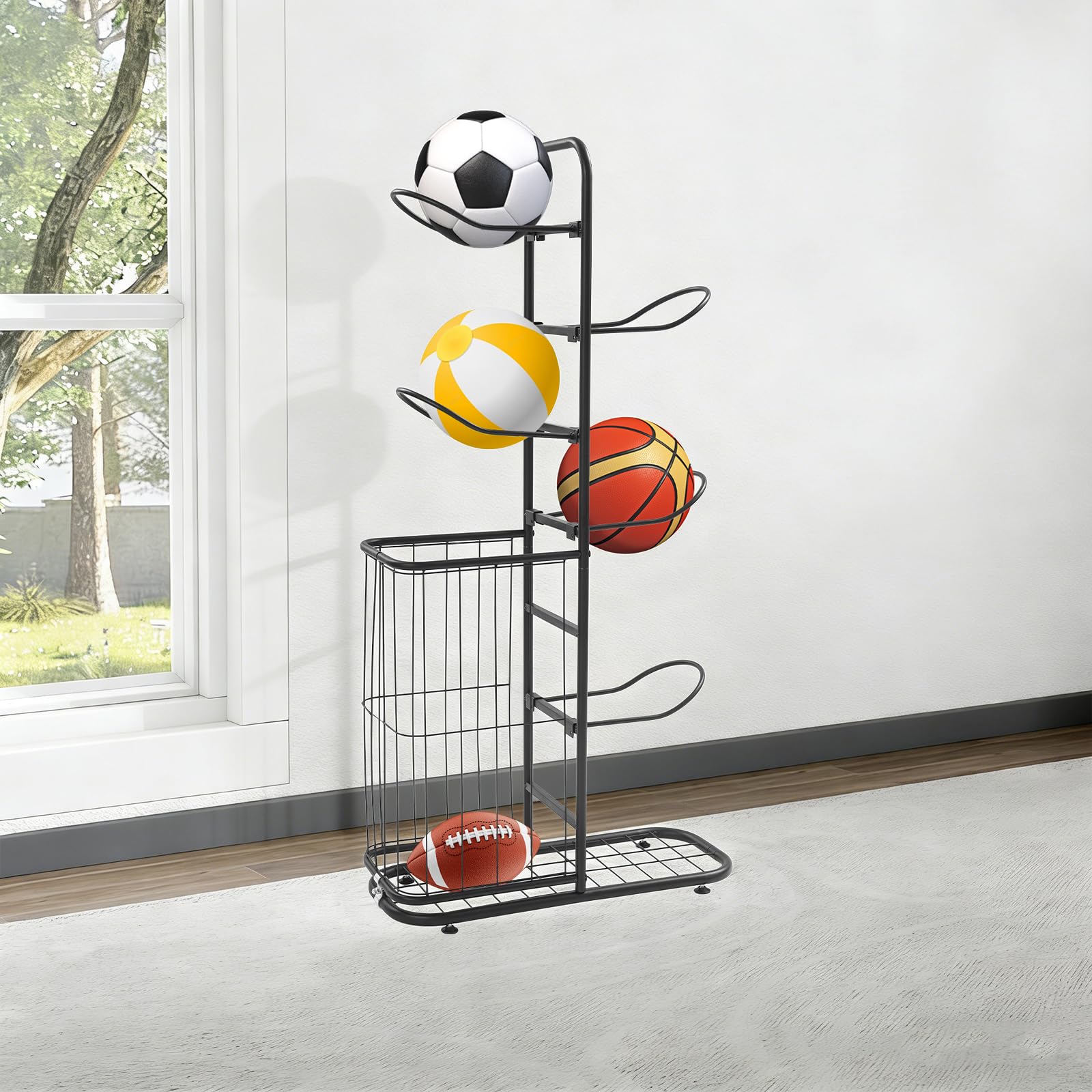 Soporte de globo de 5 niveles, soporte de almacenamiento para globos, armario de almacenamiento de metal para baloncesto, voleibol, estante deportivo independiente, blanco negro, sala de casa, garaje