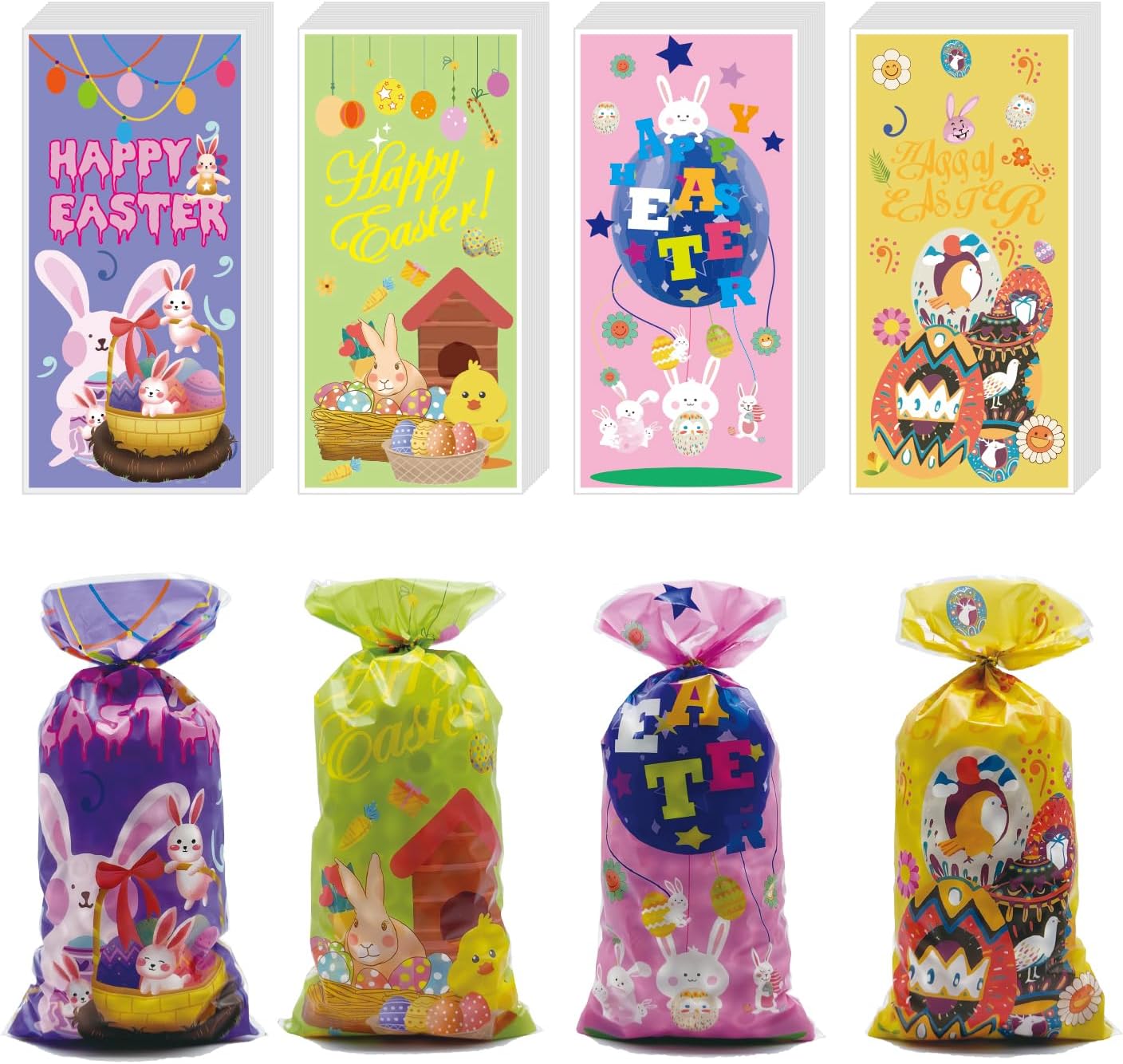 ONFAON Easter Cellophane Treat Bags, 180pcs Easter Treat Bags with 200pcs Twists for Snacks Cookies Candy Packing, Easter Easter Bags Party Supplies Easter01