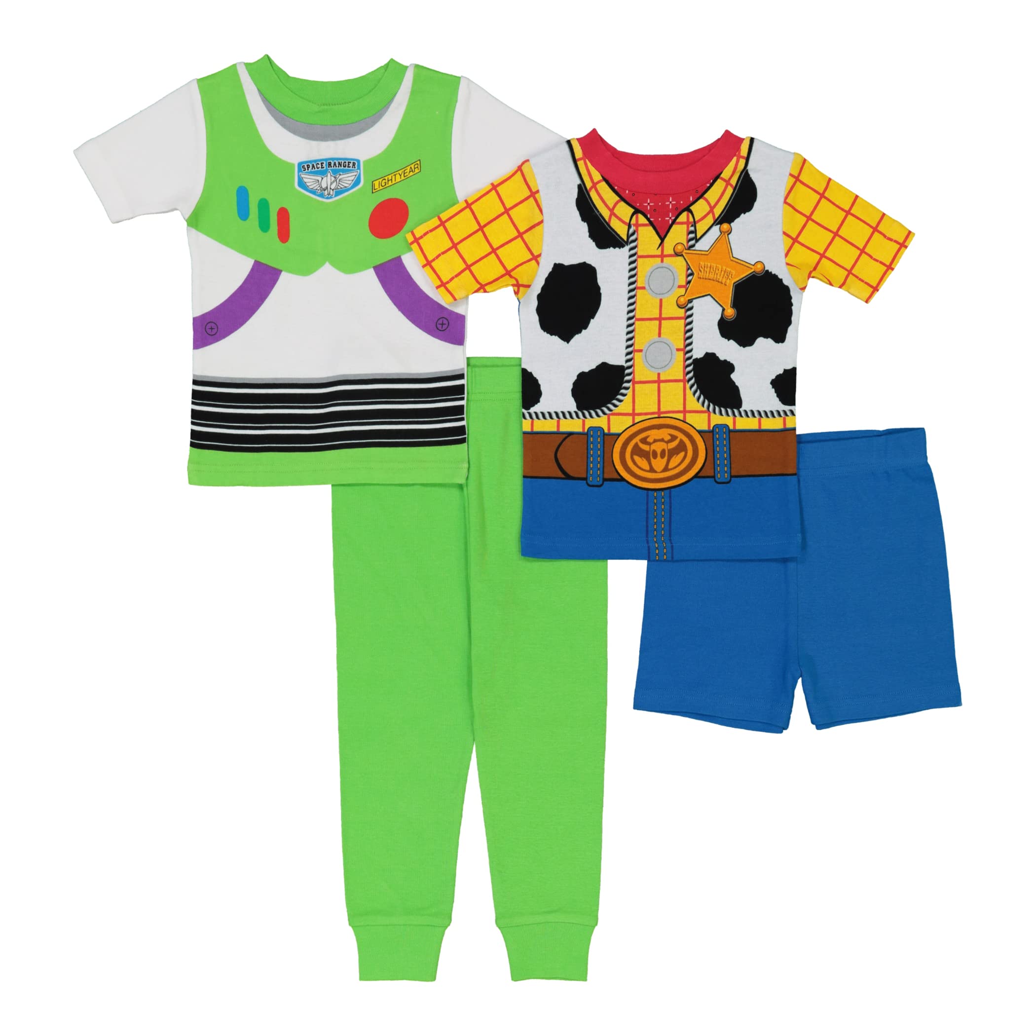 Disney Boys' Toy Story Four-Piece Cotton Pajamas (Woody/Short Buzz/Long, 4T)