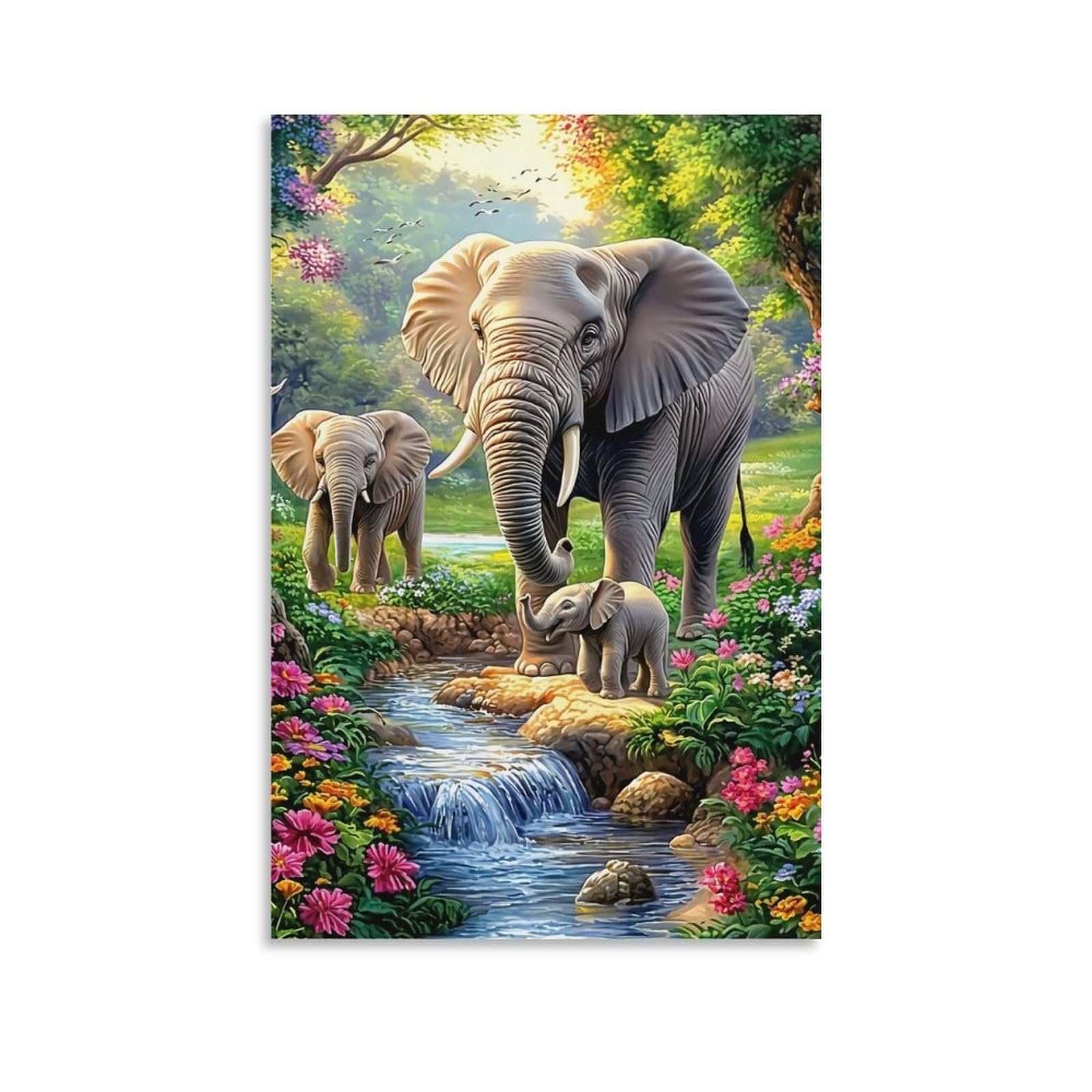 DHBANEIOK Elephant Family Scene Wall Decor Poster Giclee Canvas Prints Modern Wall Art Picture Wall Hanging for Home Decorations 24x36inch(60x90cm)
