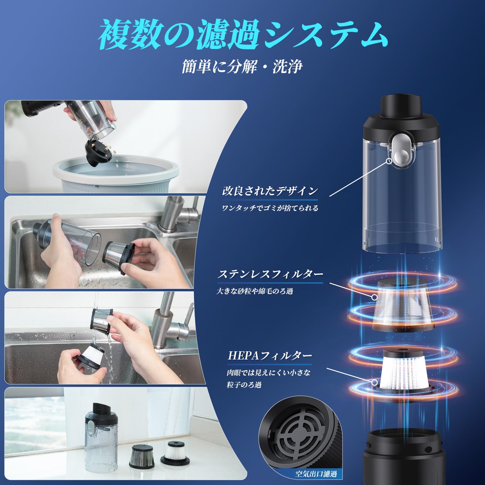 車載コードレスハンディクリーナー - 12000Pa吸引力、2in1設計