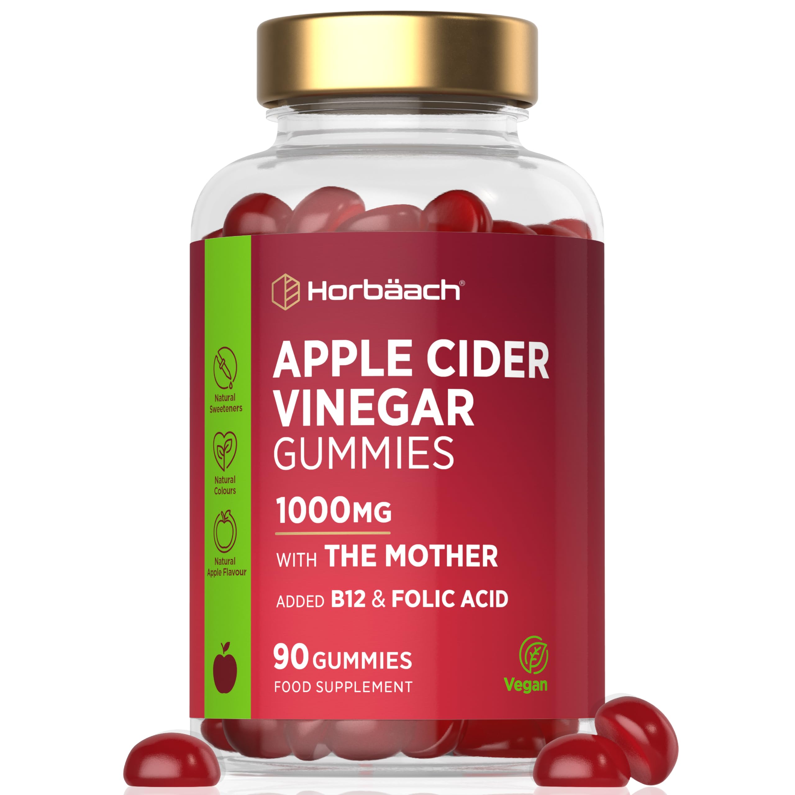 Apple Cider Vinegar Gummies with The Mother 1000mg | with Vitamin B12, Folic Acid & Biotin | 90 Count | Natural Apple Flavour | Suitable for Vegans and Vegetarians | by Horbaach