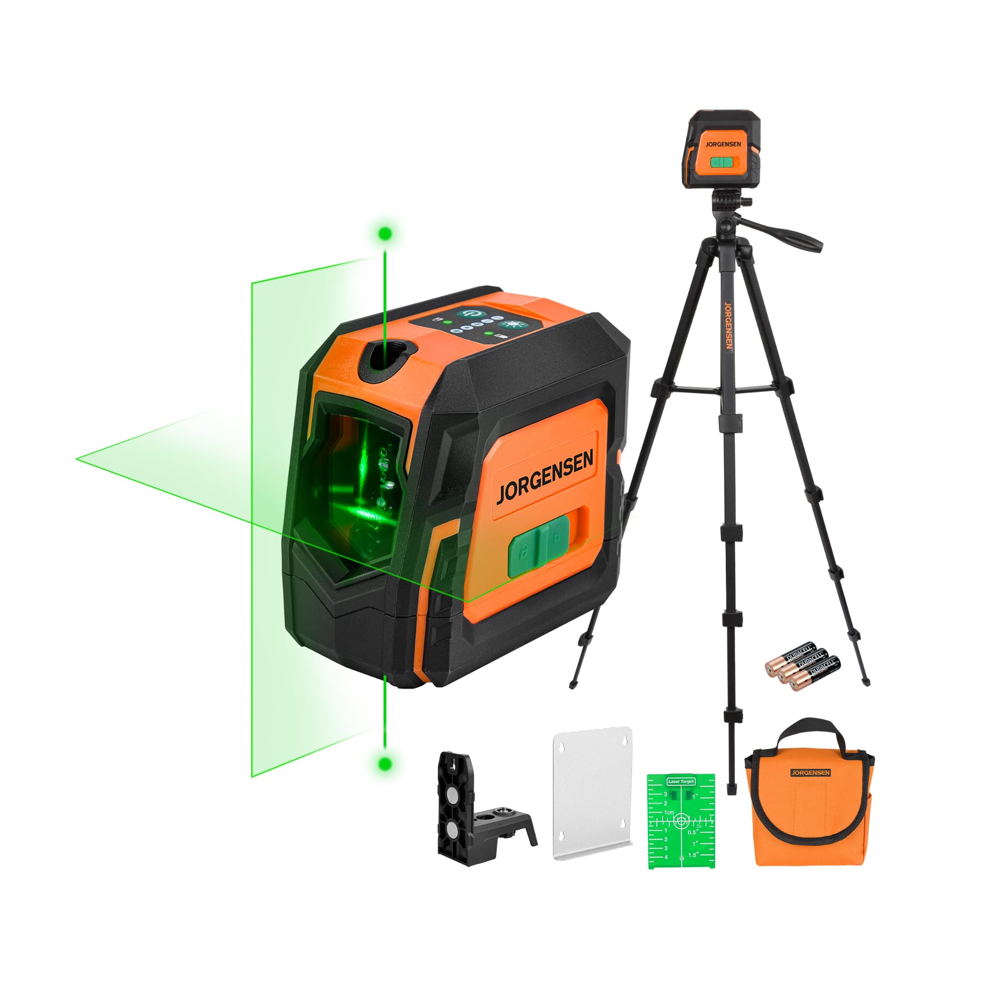 Photo 1 of JORGENSEN Laser Level with Tripod & 2 Plumb Dots, 100 FT Self Leveling Point Cross Line Laser Leveler Tool, Wide Angle Green Laser Level for Picture Hanging, Indoor Project, Construction, Carry Bag