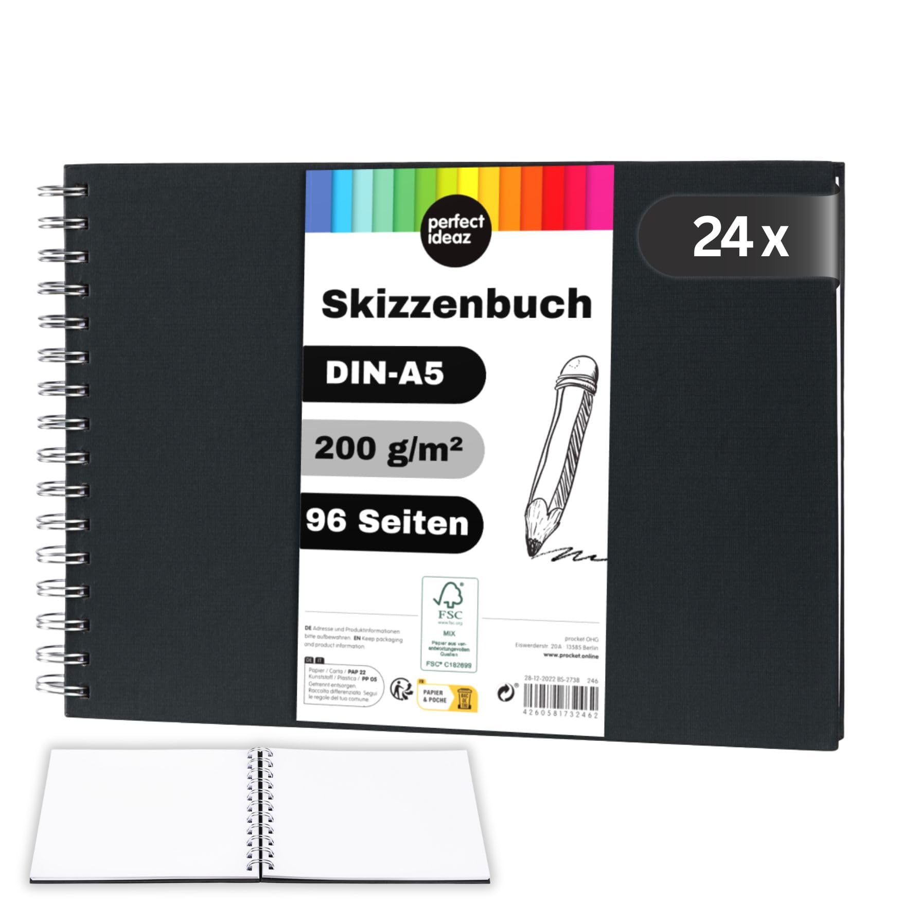 perfect ideaz - 24 x szkicownik DIN-A5 poprzeczny, wiązanie spiralne, certyfikat FSC, 96 stron (48 arkuszy), twarda okładka, czarna, szkicownik, gruby papier 200 g/m², bezkwasowy (24 książki)