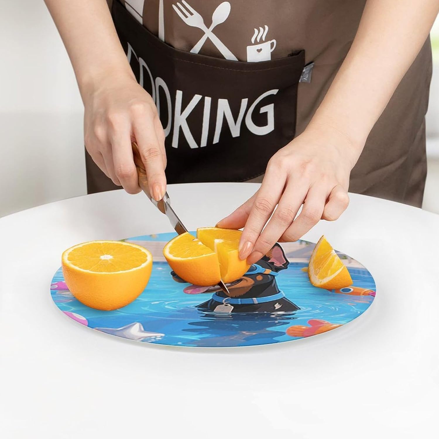 Doberman Pool Adventure Tempered Glass Cutting Board Sturdy Chopping Block Personalized Large Butcher Block Lightweight Round Chopping Mat for Kitchen Non Slip