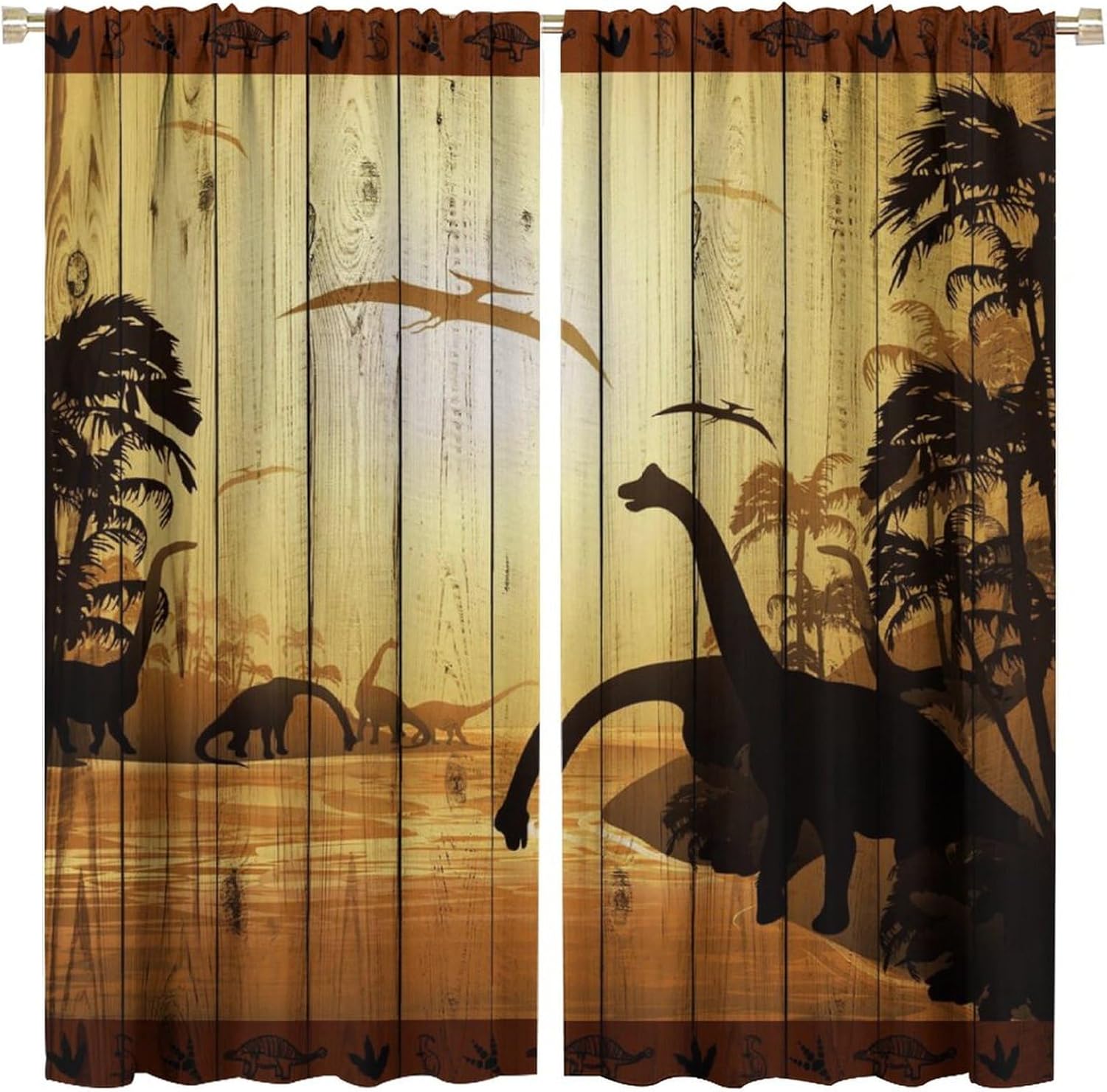 Brebasf Abstract Wood Board Dinosaur Blackout Rod Pocket Curtains,Watercolor Nature Landscape Tropical Jungle Dinosaur Silhouette Thermal Insulation Room Darkening Window Drapes 2 Panels 84"L x 42"W