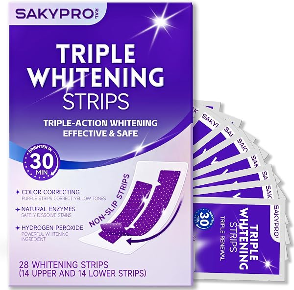 SAKYPRORAL Purple Whitening Strips, 90-Day Long-Lasting Results, Enamel Safe & Low-Sensitivity, Professional Teeth Whitening Strips with Non-Slip Dry Strip Technology (28 Count (Pack of 1))