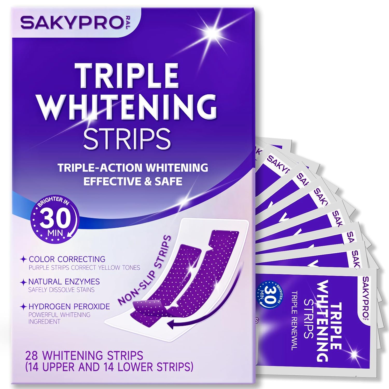 Purple Whitening Strips 90-Day Long-Lasting Results Enamel Safe Low-Sensitivity Professional Teeth Whitening Strips with Non-Slip Dry Strip Technology