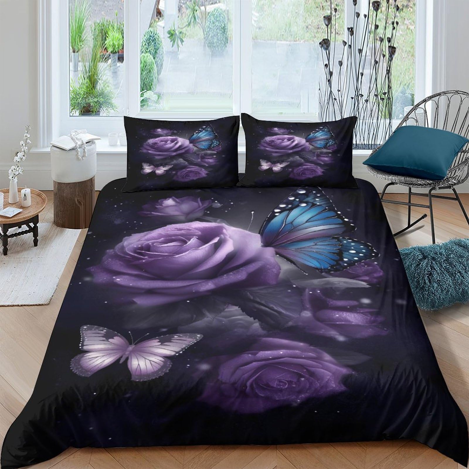 Ctjqhvkz Style-7 3D Printed Purple Rose Fitted Sheet Microfiber Butterfly Bed Sheet For Bedroom Guest Room Mattress Protection Decor Single（135X200cm）