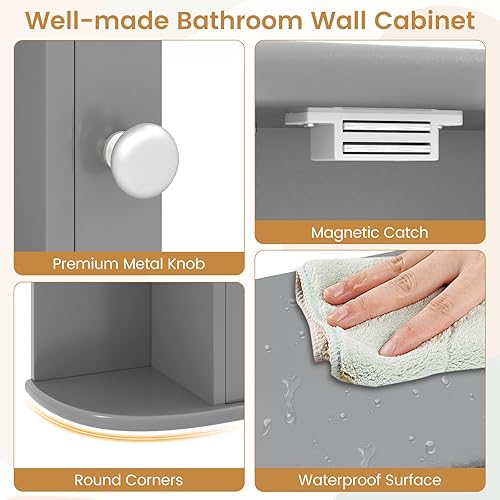 Miniatura 9 de Tangkula Armario de pared de baño con espejo, moderno botiquín con puerta de espejo, 4 estantes internos y 6 estantes laterales abiertos,
