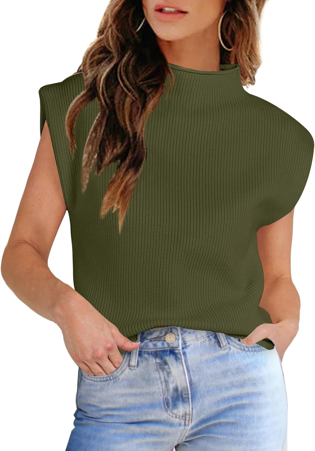 Womens Sleeveless Sweater Vest Turtleneck Ribbed Knit Tank Tops Basic Slim Fit Top A Green