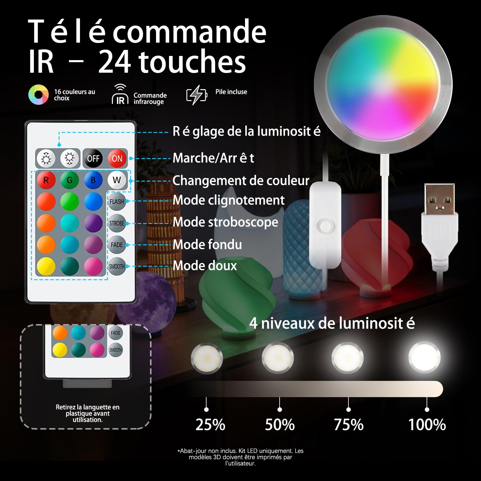 Kit de 6 Lampes LED RVB 001 pour Bambu Lab A1/A1 mini/P2S/H2D MH001 | Lot Lampes USB5V – Télécommande, Mém Couleur, Gradation – Pièces Matérielles DIY pour Projets d'impression 3D sur Makerwold