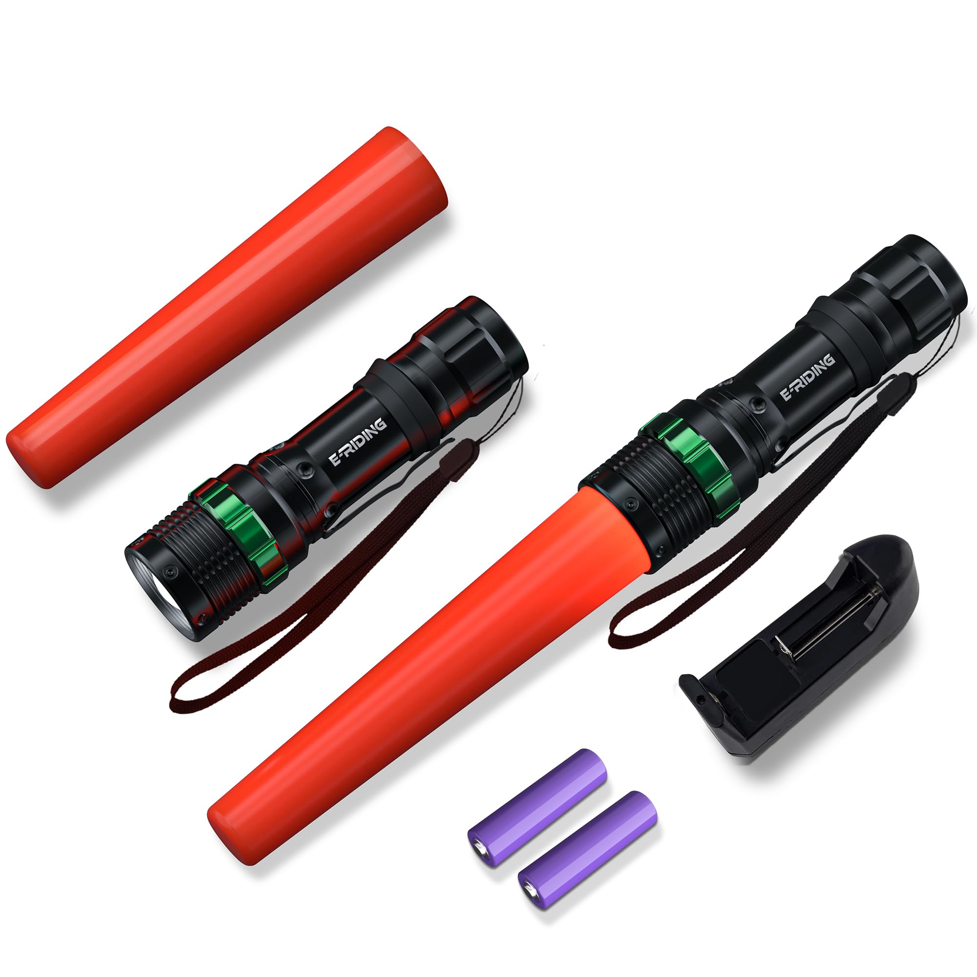 E-riding 2 Pack Rechargeable Traffic Wand, 11 Inch LED Traffic Control Flashlight, Small Orange Safety Baton with 5 Flashing Modes, Air Marshaling
