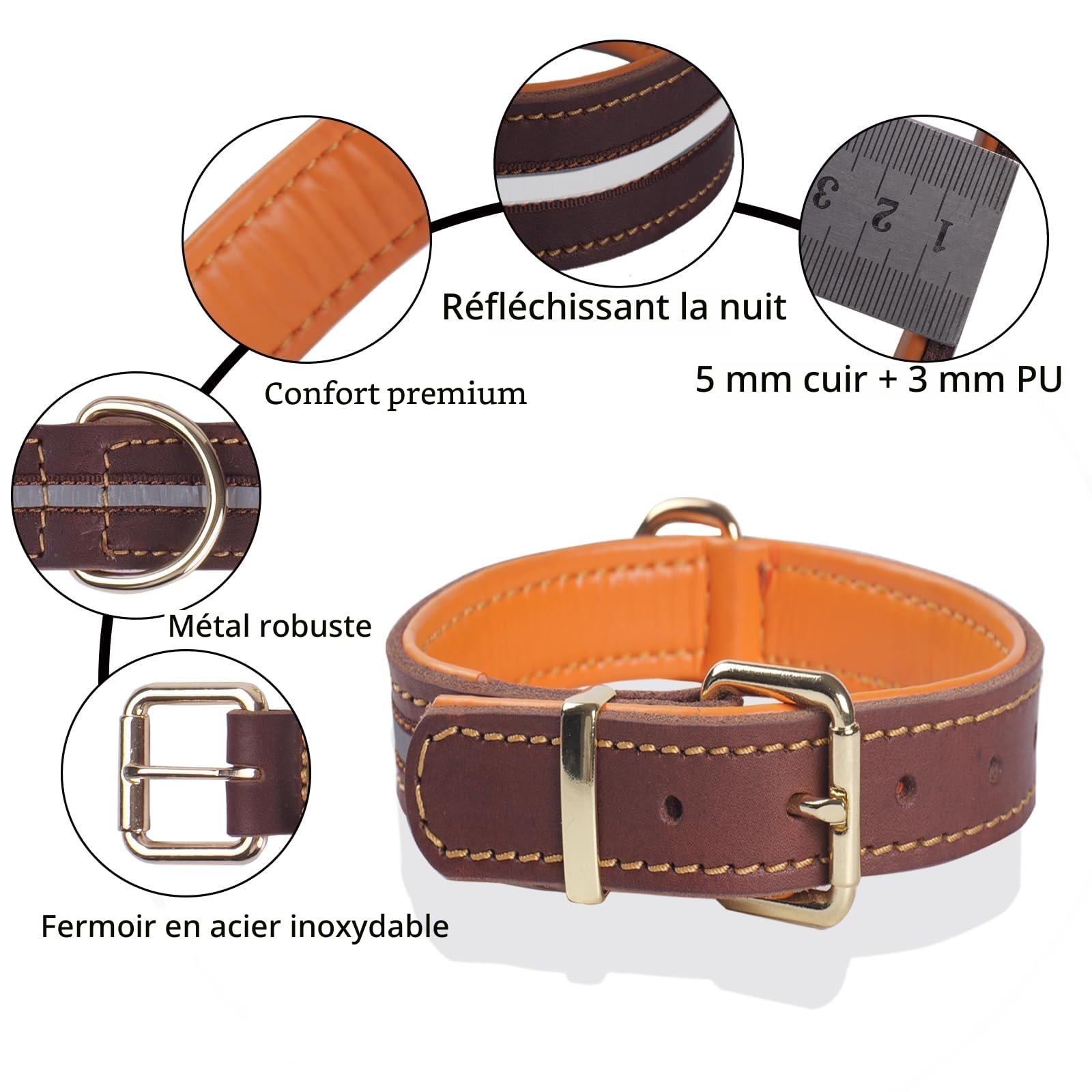 Collier pour Chien en Cuir, Véritable Robuste Réglable Rrembourré et Réfléchissant, pour Chiens de Taille Moyenne, Grande et Très Grande (XL)