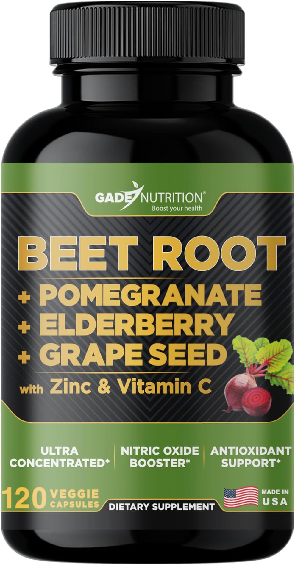 Gade Nutrition Beet Root Capsules Concentrated | Extra Strength Beetroot Extract Formula | Elderberry with Vitamin C and Zinc, Pomegranate, Grape Seed |Made in USA