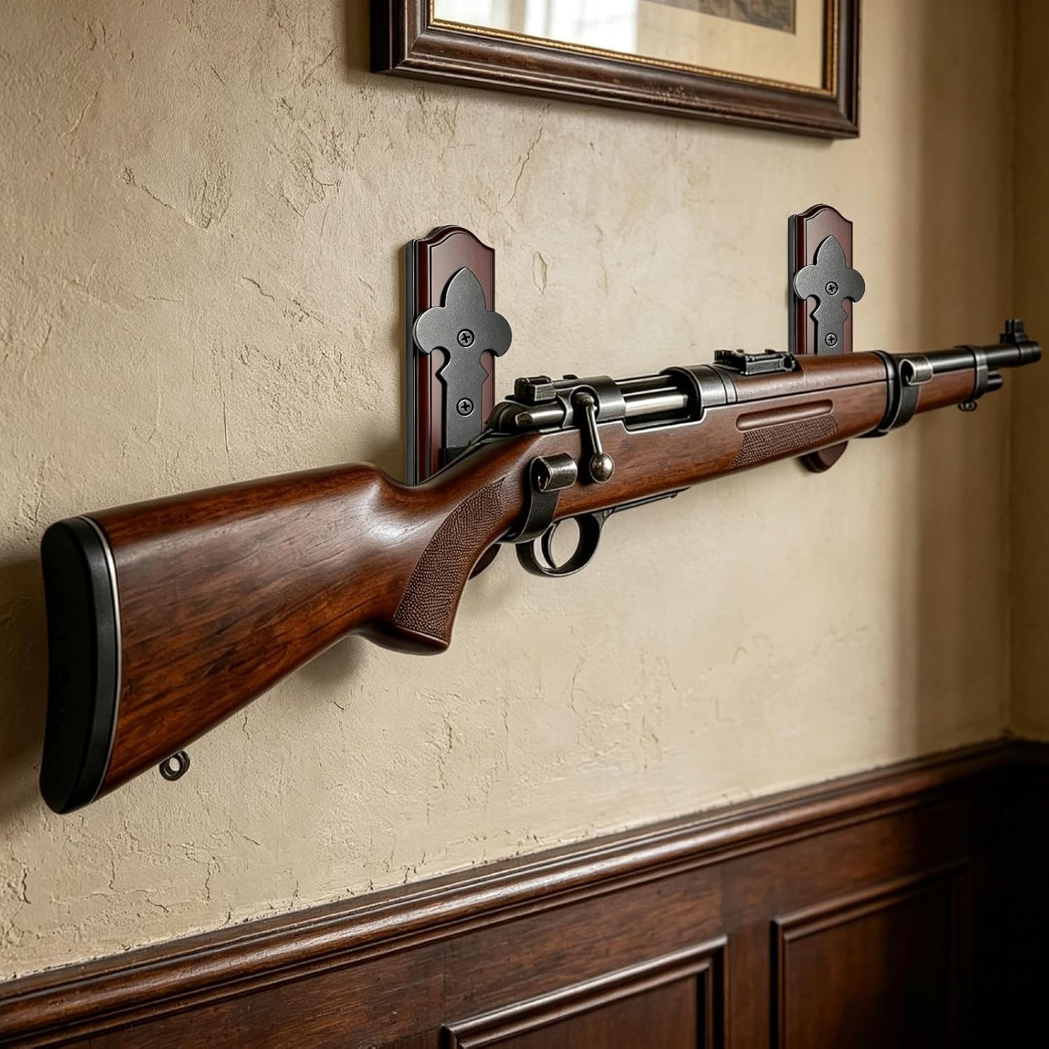 Gun Rack Wall Mount, Wooden Base Metal Hooks for Rifles and Shotguns | Horizontal Gun Hangers | Soft Padded Protection | Indoor Firearm Display | Bow Sword Compatible | Easy Installation