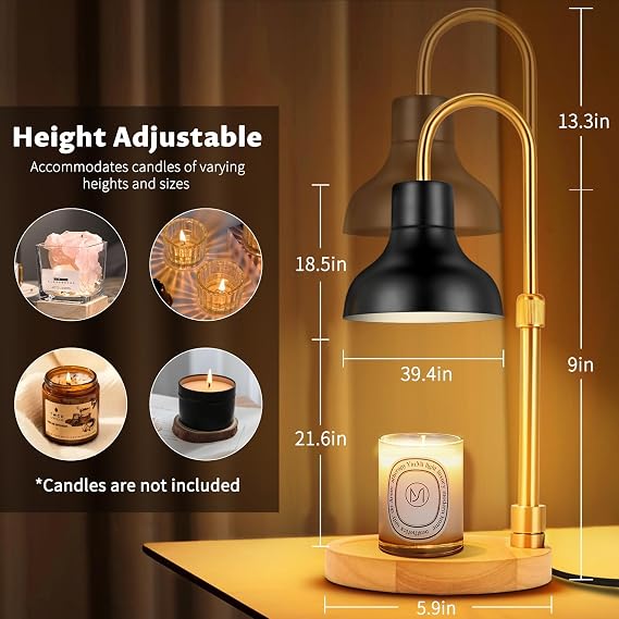 Candle Warmer Lamp Dimmable with Timer and 3 Bulbs, Adjustable Height & Brightness, Electric Candle Wax Warmer for Jar Candles, House Warming Gifts New Home Decor (Black)
