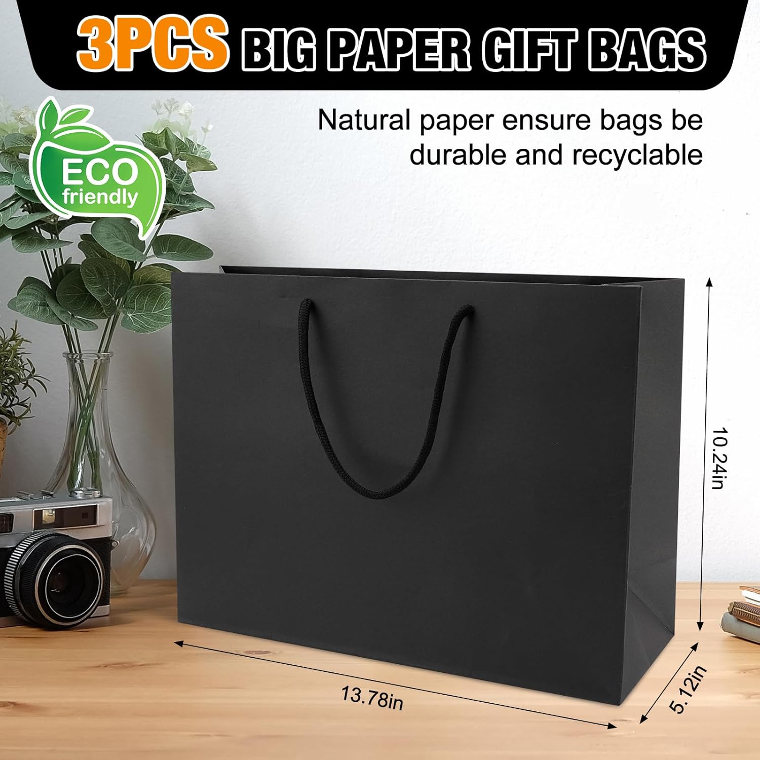 MUIIGOOD Gift Bags With Handles Paper Gags Medium Bulk For Party Shopping Birthday Wedding (3Pcs Black-35 * 26 * 13cm) - Image 2