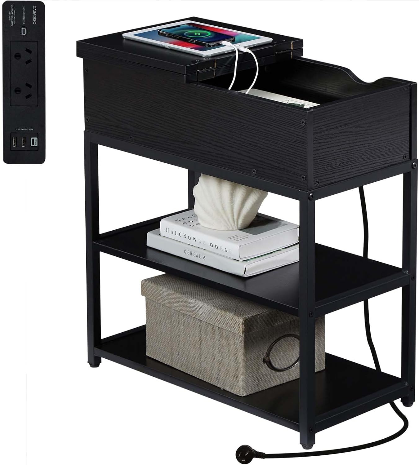 CASADISO Bedside Table with Power Board (AU Standards) 3Tier Narrow