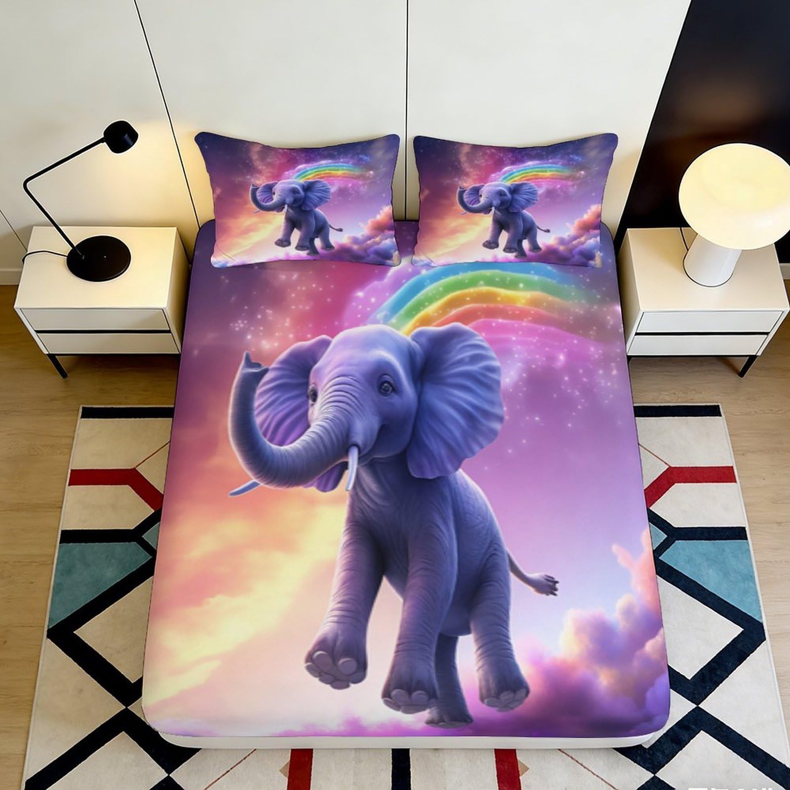 Uxinyoume Style-4 3D Printed Cute Elephant Rainbow Fitted Sheet Microfiber Purple Cartoon Bed Cover For Bedroom Dorm Mattress Decor 90X200x25cm
