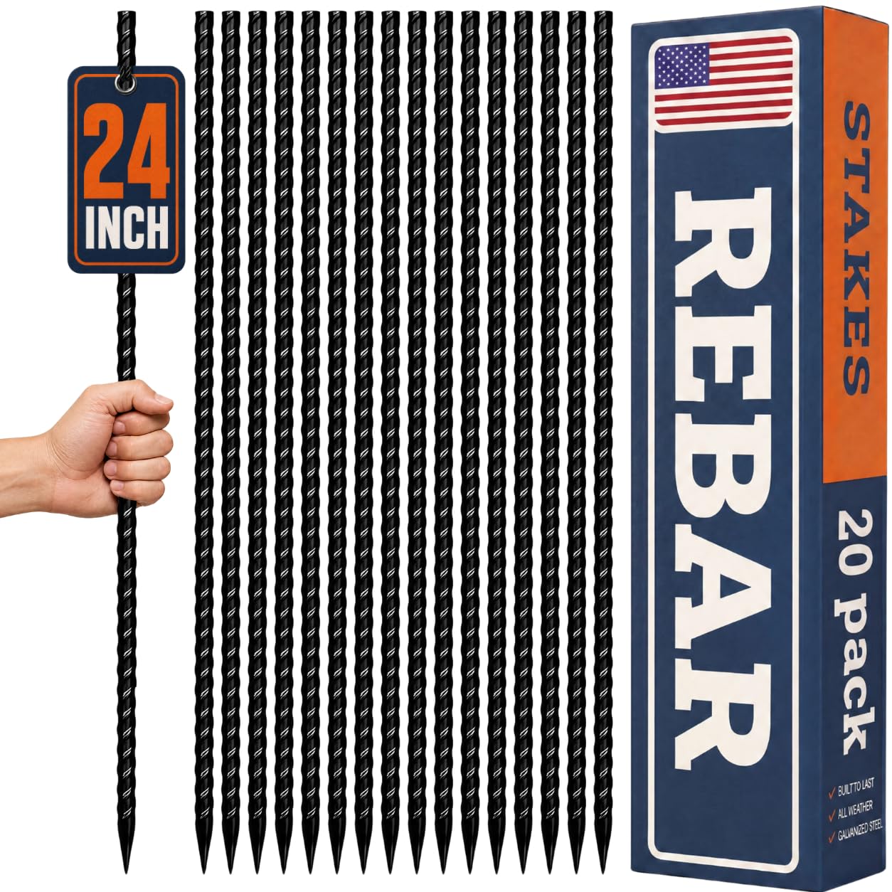 Happin® 24 Inch Rebar Stakes, Straight Garden Stakes Heavy Duty Galvanized Metal Stakes, Landscape Timber, Concrete Form, Tree &amp; Plant Support, Yard Stakes, Ground Anchors (I Shape – 20 Pack)