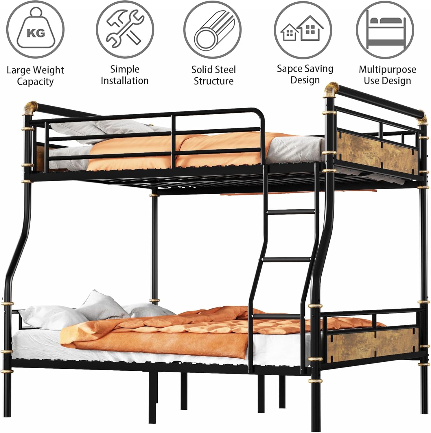Full XL Over Queen Bunk Bed, Industrial Detachable Bunked Frame with Soft Ladder Rung Cover and High Guardrails, Industrial Bunk Beds for Kids Boys Girls Teens, Black