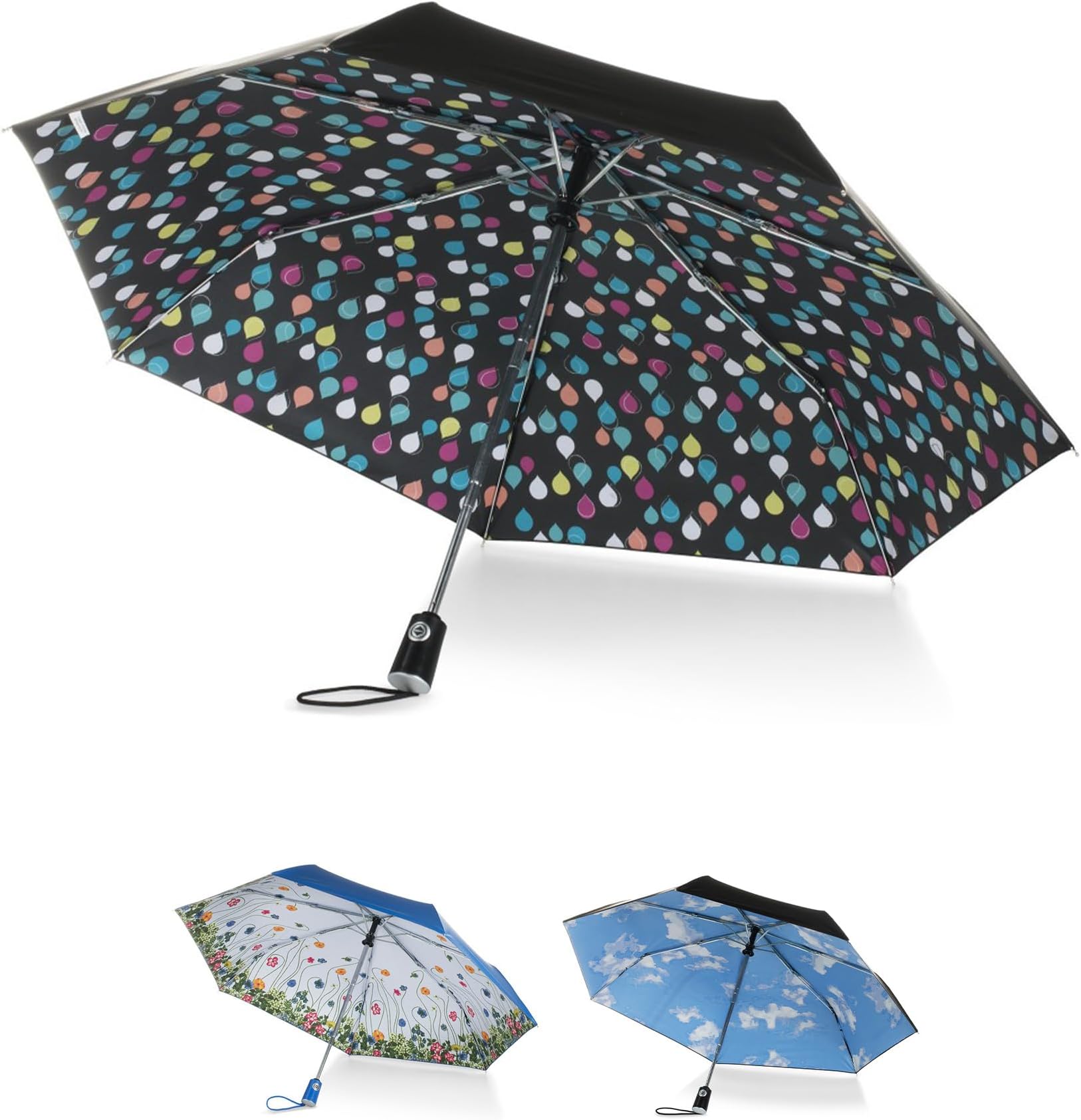 totes Women's Auto Open/Close Compact Umbrella with Printed Under Canopy, Raindrops, One Size