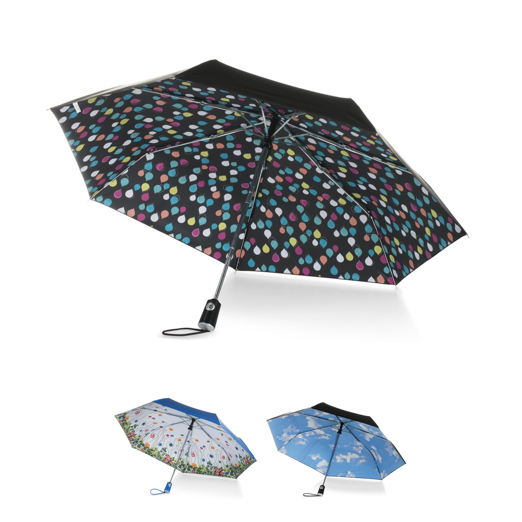 totesWomen's Auto Open/Close Compact Umbrella with Printed Under Canopy, Raindrops, One Size